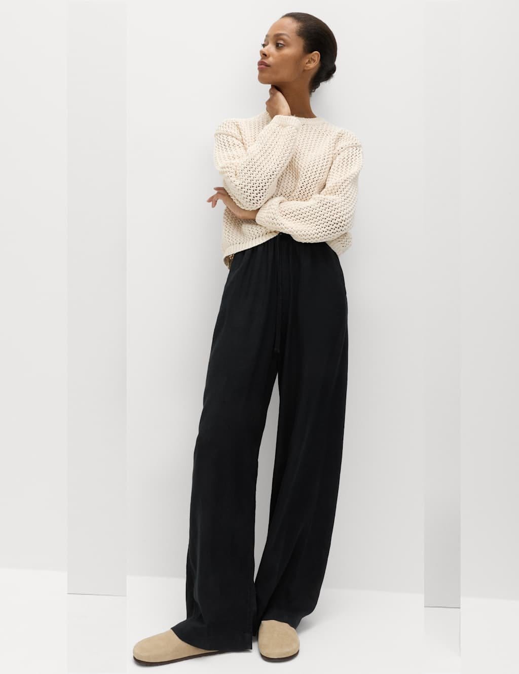 Marks & Spencer M&S Drawstring Wide Leg Trousers with Linen Black - 1