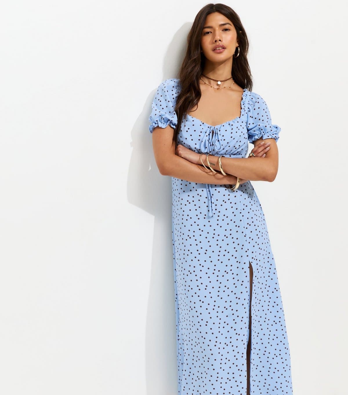 New Look Women's Blue Polka Dot Print Milkmaid Midi Dress New Look