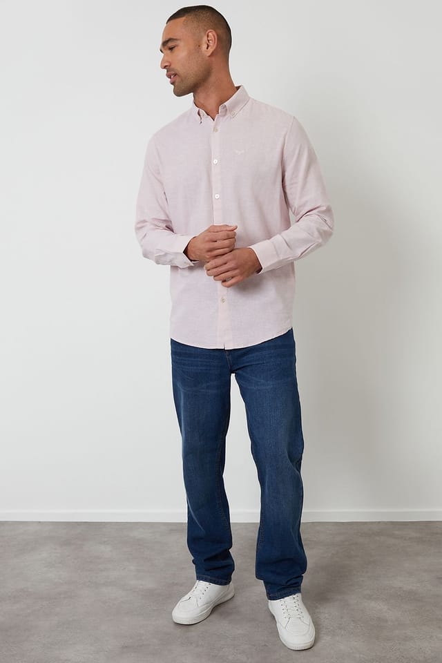 Threadbare Threadbare Men's Linen Blend Long Sleeve Shirt in Pale Pink - 3