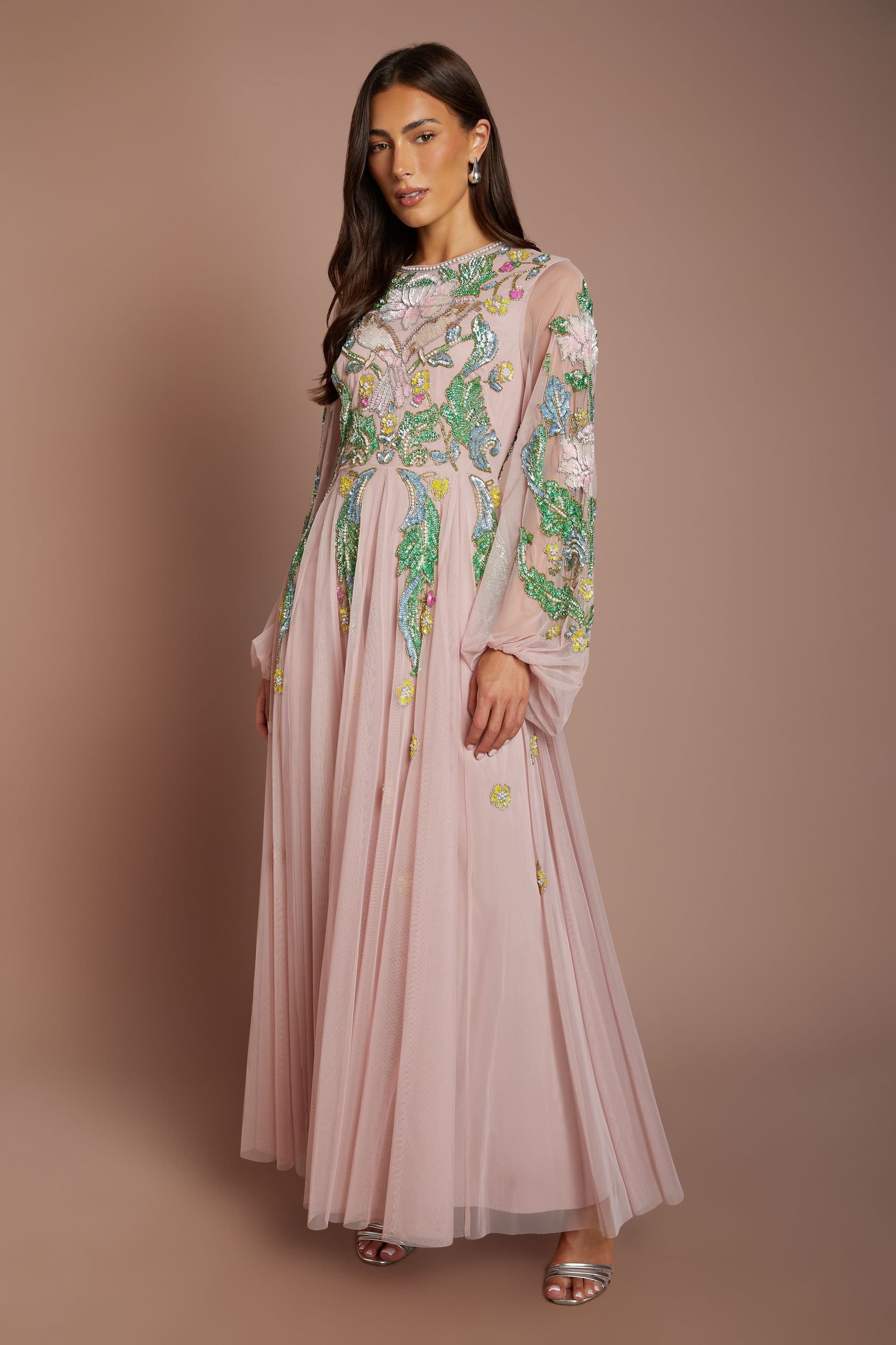 Coast Coast Women's Long Sleeve Embellished Maxi Dress in Pink
