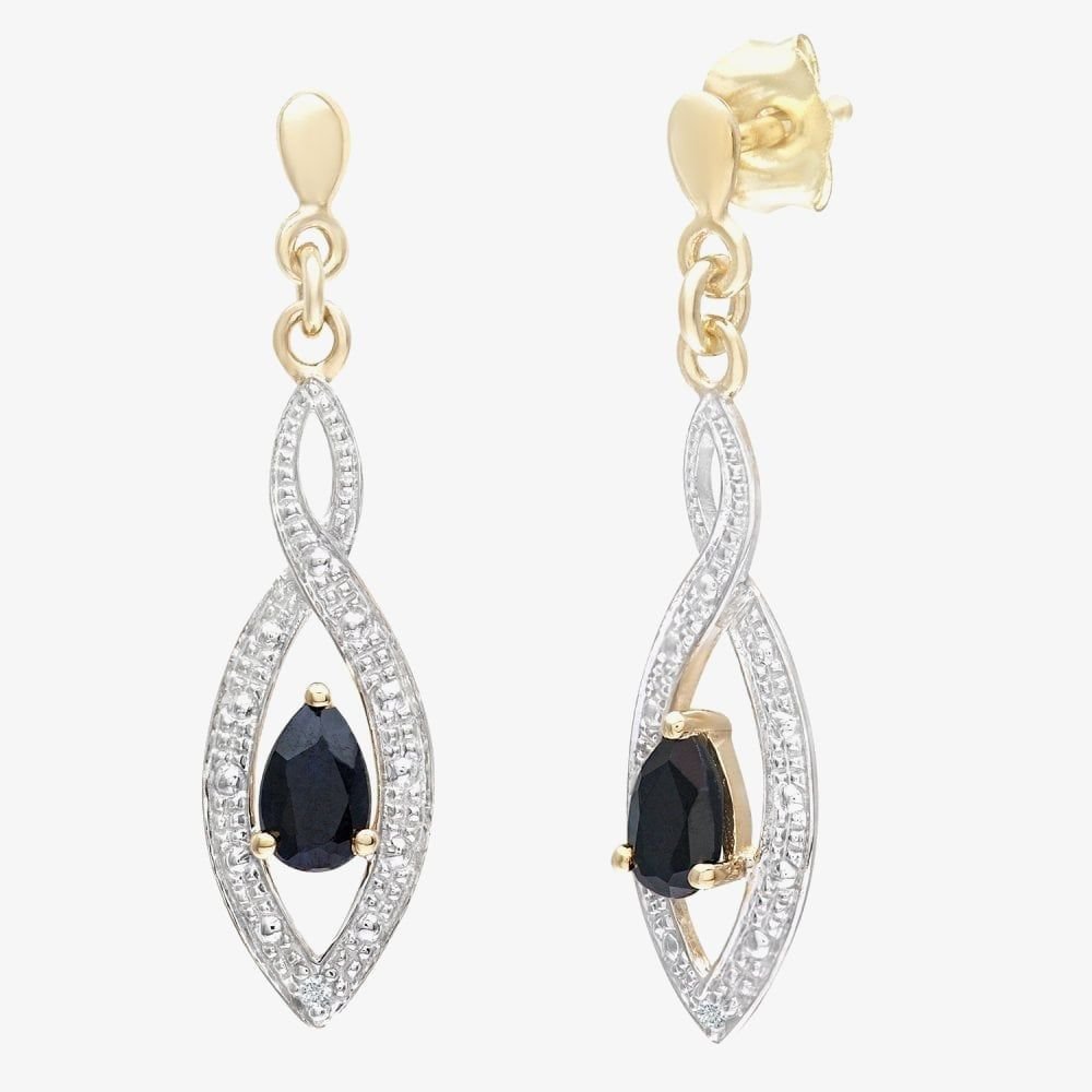 T.H.Baker T.H.Baker Women's 9ct Yellow Gold Sapphire & Diamond Twist Dropper Earrings PE03459Y SA - 2