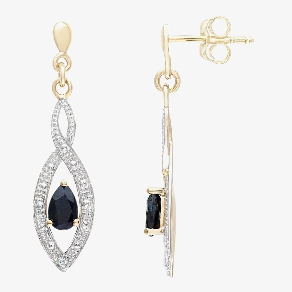 T.H.Baker T.H.Baker Women's 9ct Yellow Gold Sapphire & Diamond Twist Dropper Earrings PE03459Y SA - 3