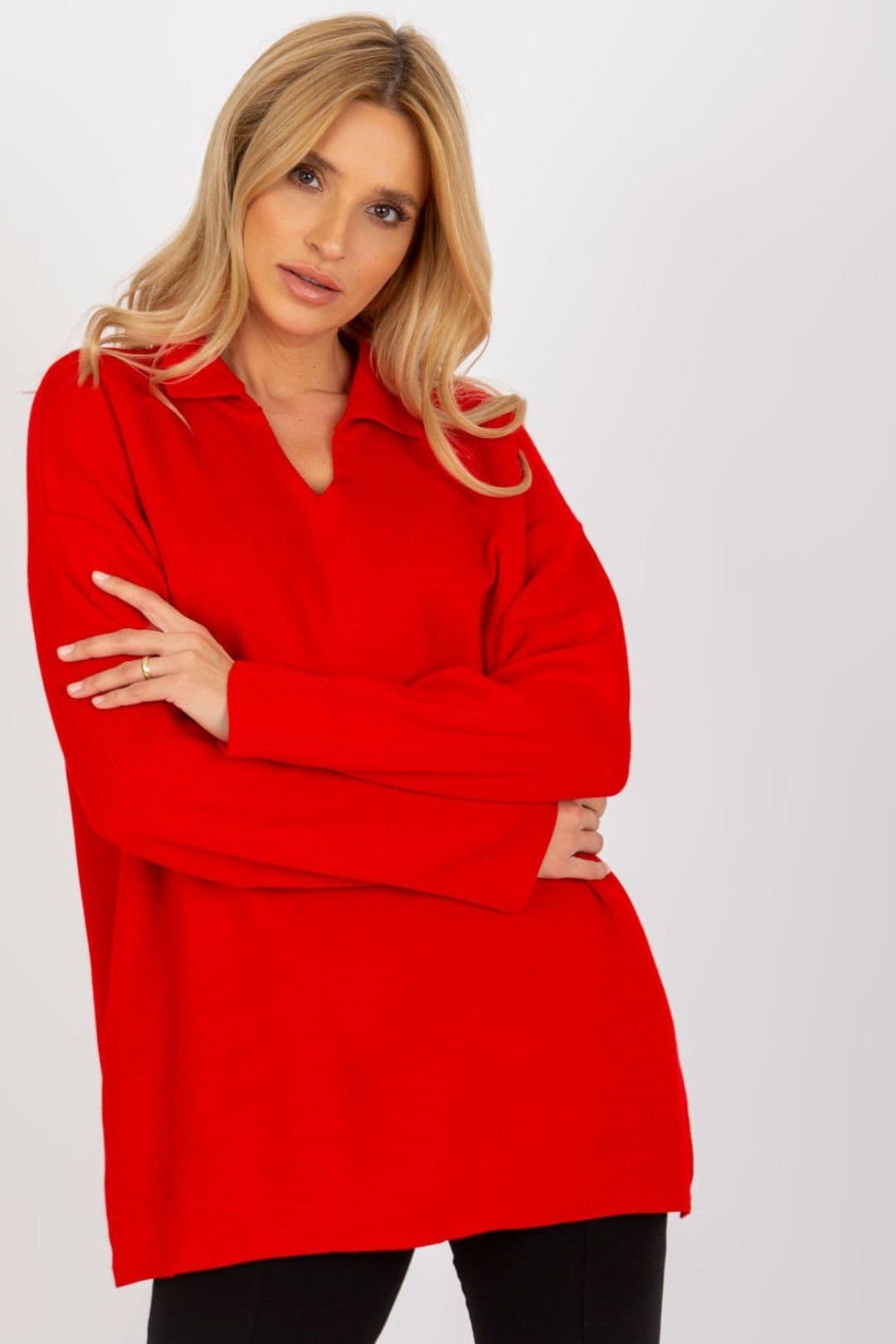 Love Lace Love Lace Women's Heart Neck Loose Fit Long Sleeve Sweater Style 175727 in Red