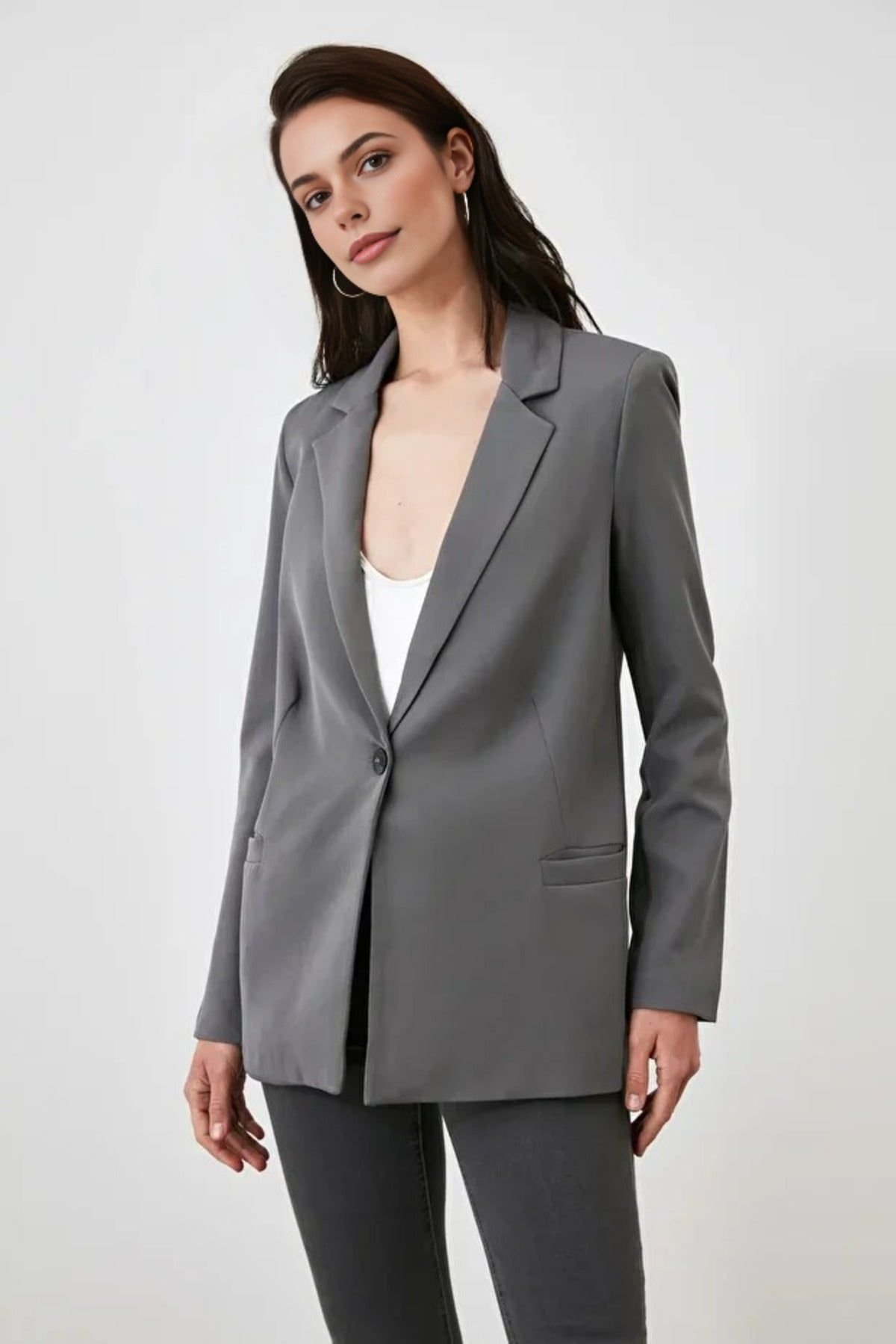 WOVCOR WOVCOR Women's Single-Breasted Tailored Woven Blazer Jacket in Grey - 2