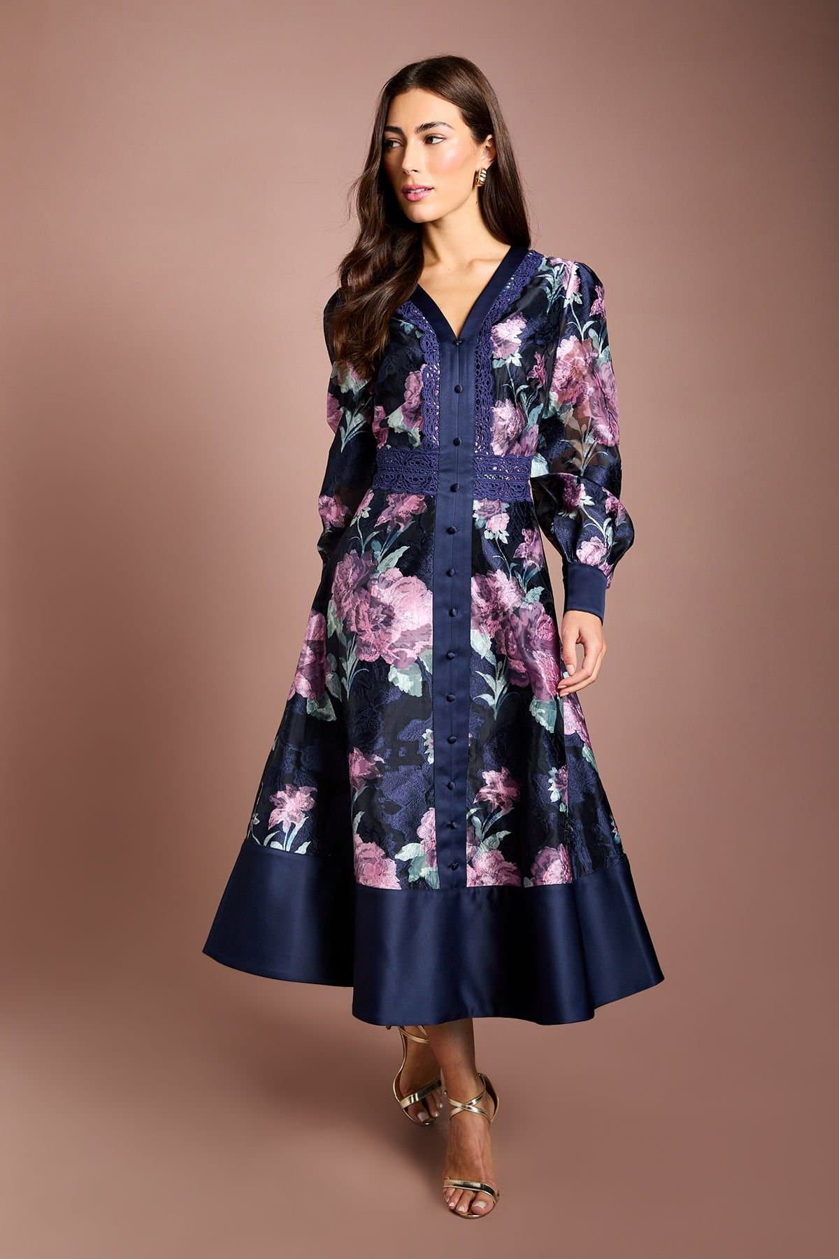 Coast Coast Women's V Neck Long Sleeve Jacquard Midi Dress in Navy