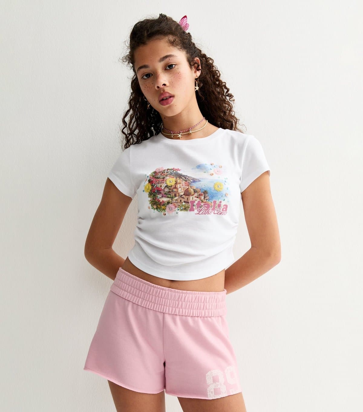 New Look Girls' Pink 89 Print Fold Over Waistband Shorts New Look