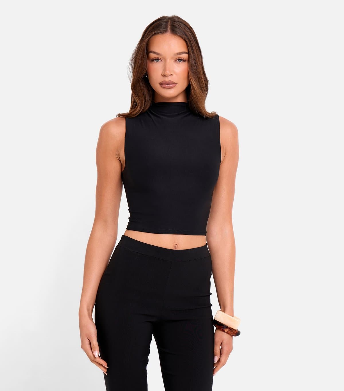 Public Desire Women's Black High Neck Luxe Slinky Crop Top Public Desire New Look