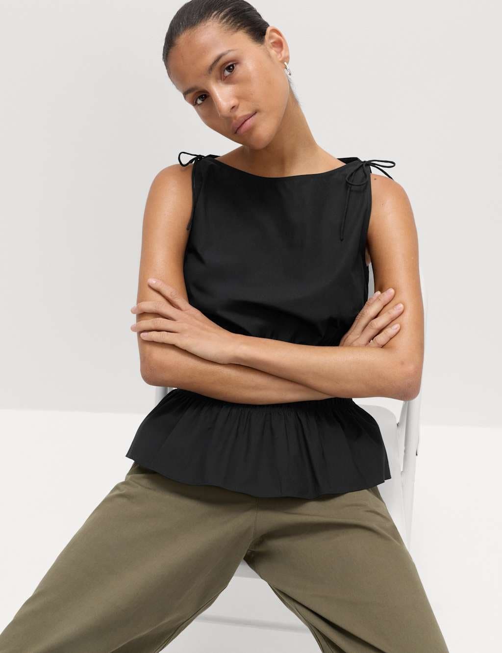 Marks & Spencer M&S Black Cotton Shirred Top