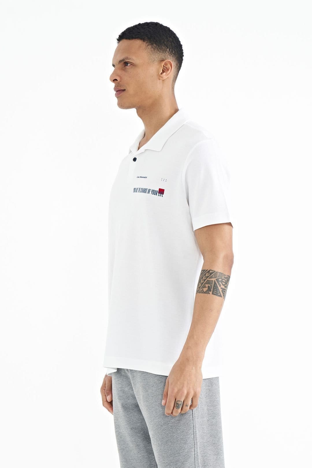 Tommy Life Tommy Life Men's Cotton Polo T-Shirt With Text Print in White - 4