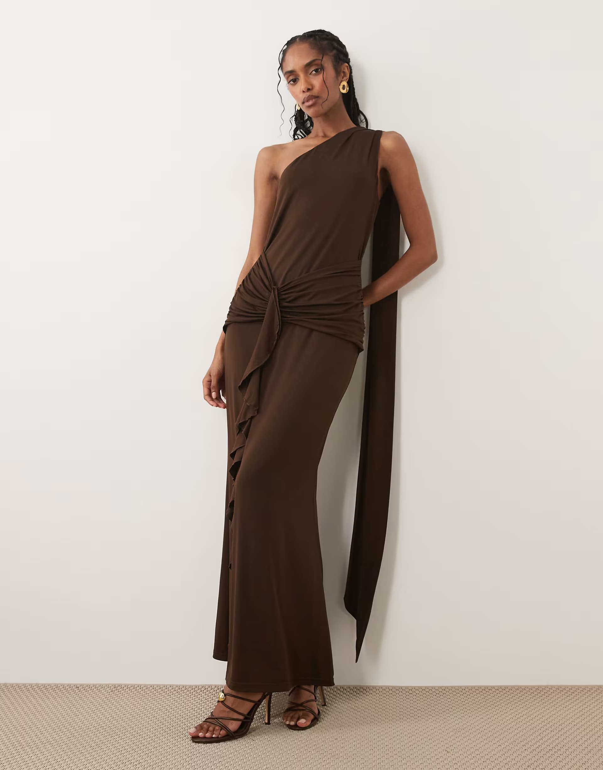 ASOS Pretty Lavish Celina slinky one shoulder drape detail ruffle trim maxi dress in chocolate
