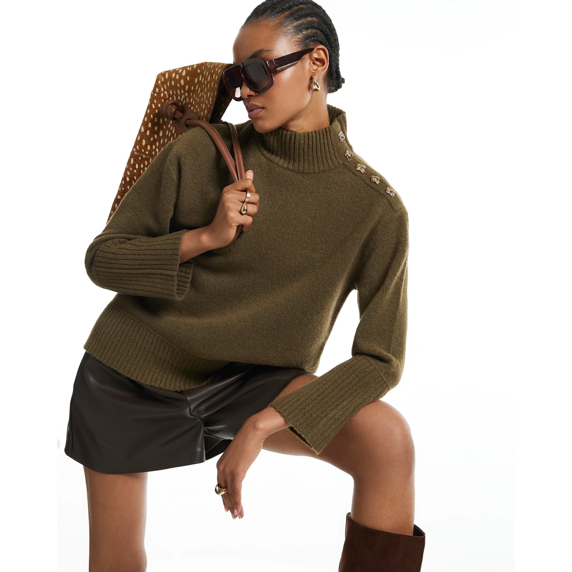 River Island River Island Womens Khaki Button Shoulder Jumper