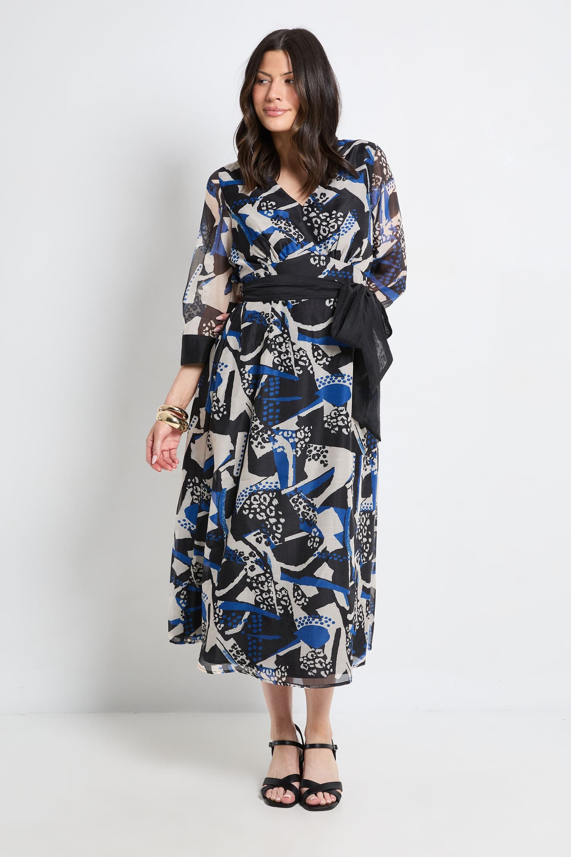 Principles Principles Women's Mix Print Organza Belted Midi Dress in Blue