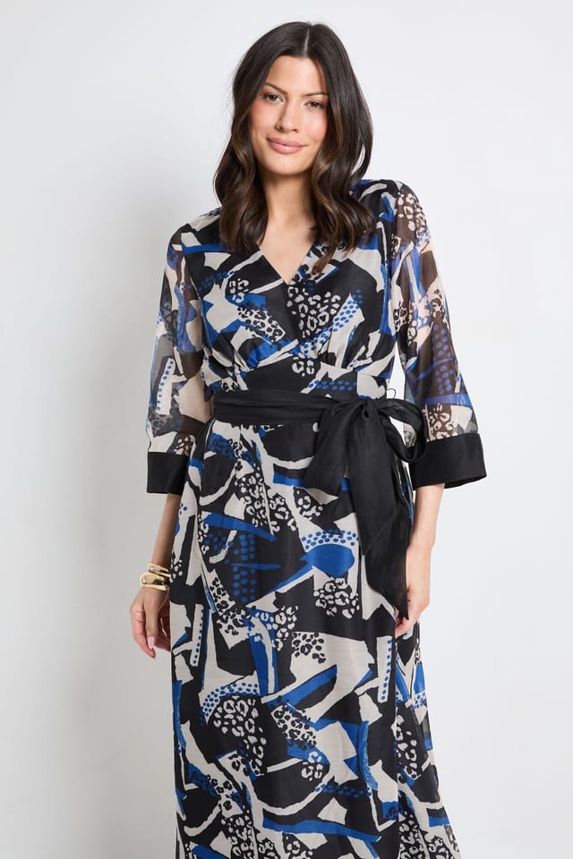 Principles Principles Women's Mix Print Organza Belted Midi Dress in Blue - 2