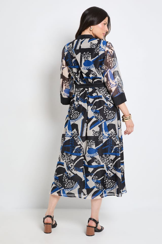 Principles Principles Women's Mix Print Organza Belted Midi Dress in Blue - 3