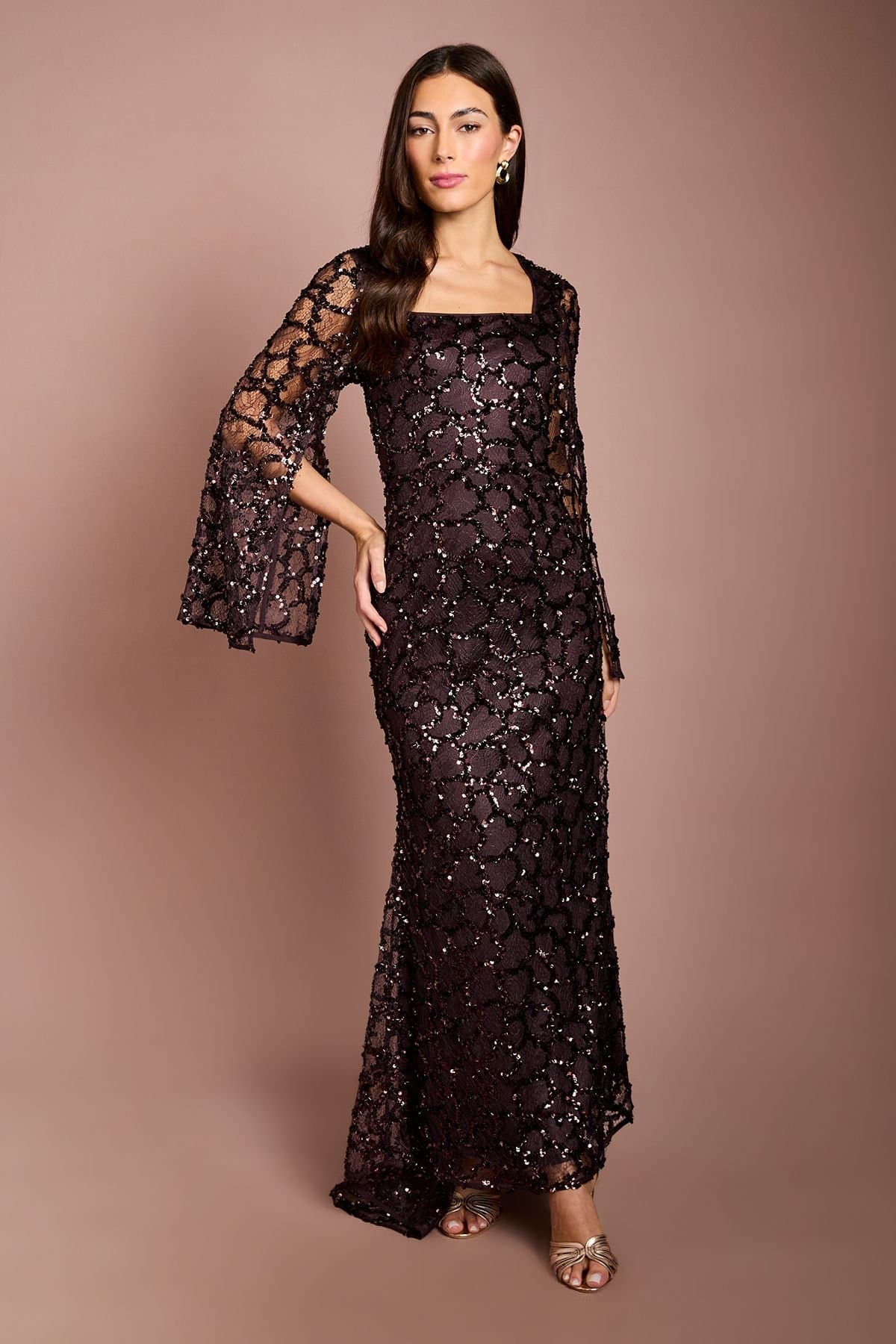 Coast Coast Women's Long Sleeve Sequin Lace Maxi Dress in Chocolate