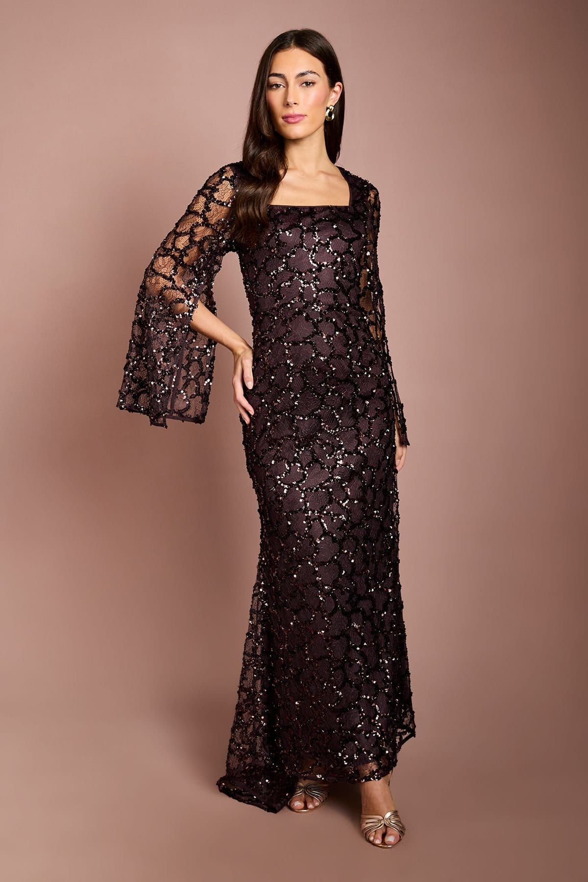 Coast Coast Women's Long Sleeve Sequin Lace Maxi Dress in Chocolate - 1