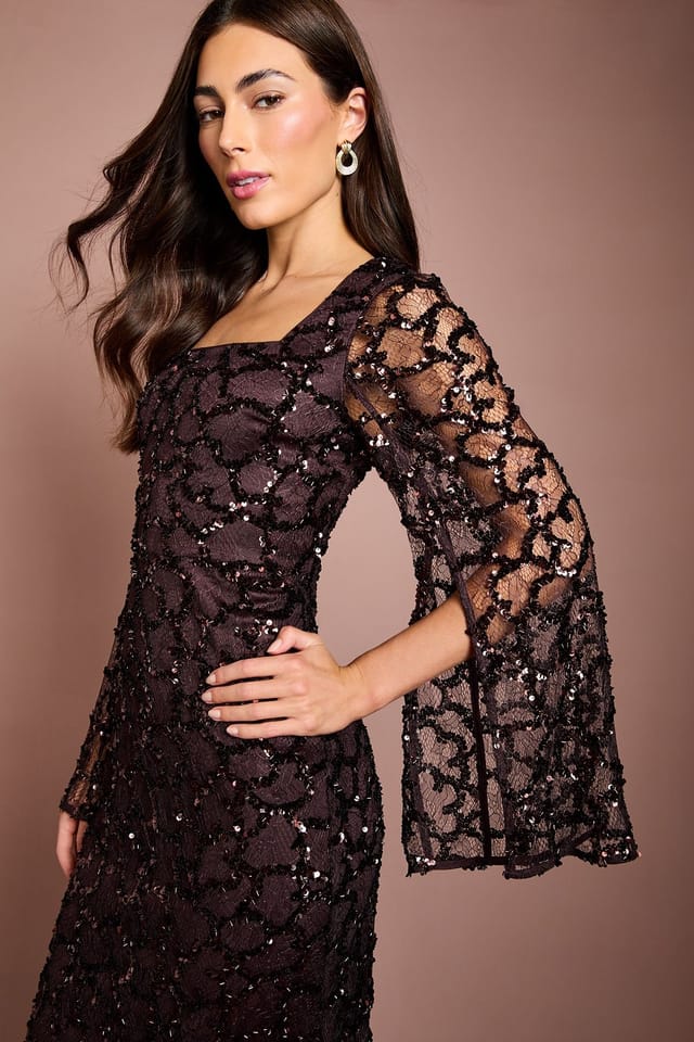 Coast Coast Women's Long Sleeve Sequin Lace Maxi Dress in Chocolate - 2