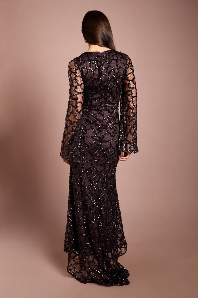 Coast Coast Women's Long Sleeve Sequin Lace Maxi Dress in Chocolate - 3