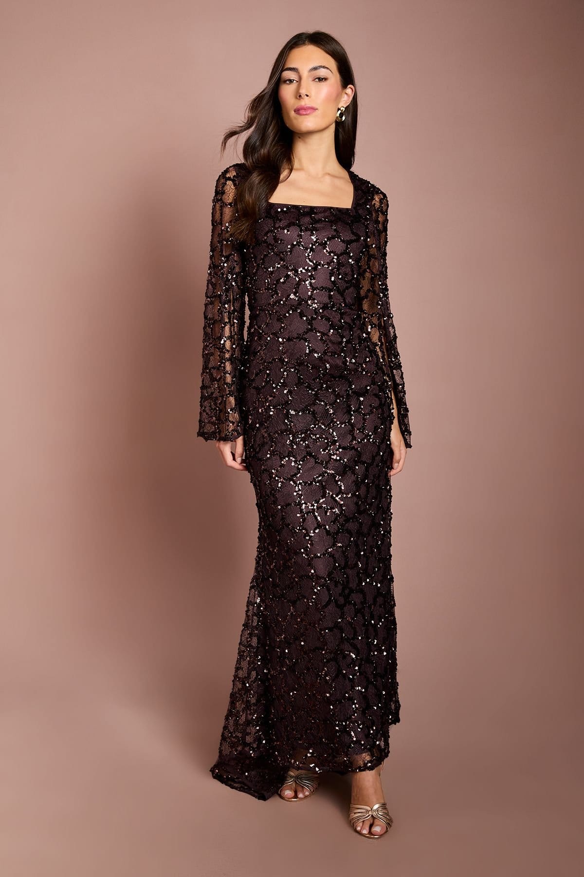 Coast Coast Women's Long Sleeve Sequin Lace Maxi Dress in Chocolate - 4