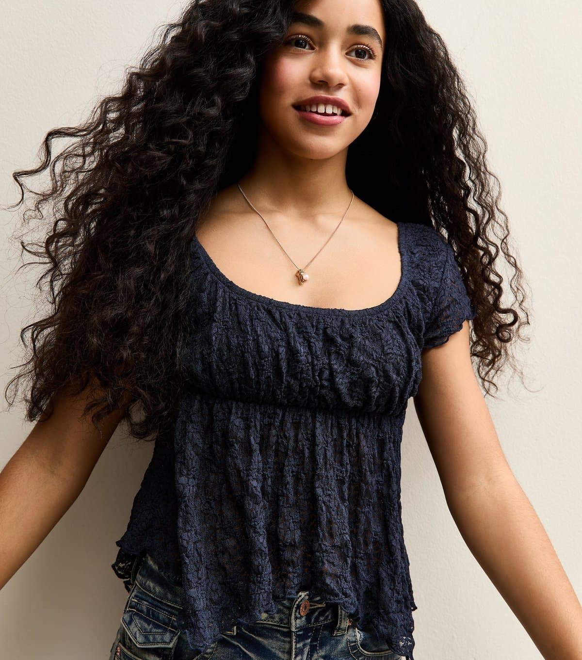 New Look Girls' Navy Lace Hanky Hem Cap Sleeve Top New Look