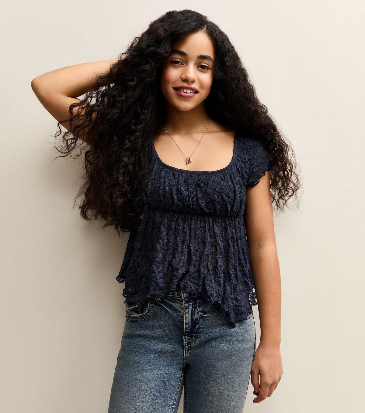 New Look Girls' Navy Lace Hanky Hem Cap Sleeve Top New Look - 3