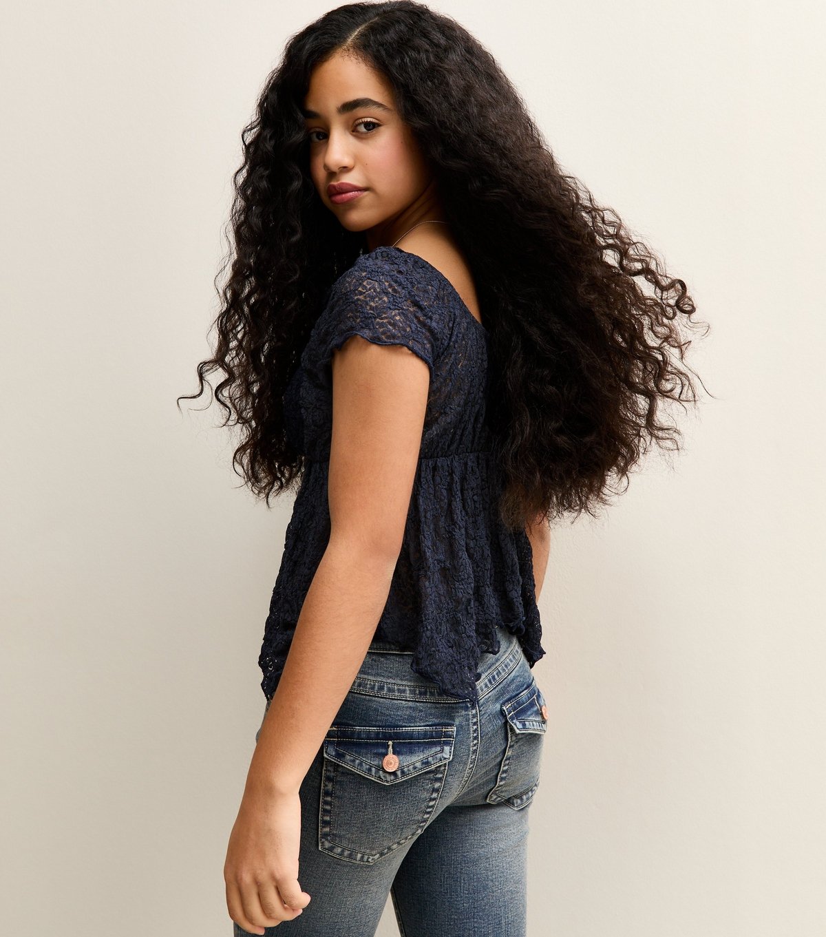 New Look Girls' Navy Lace Hanky Hem Cap Sleeve Top New Look - 4