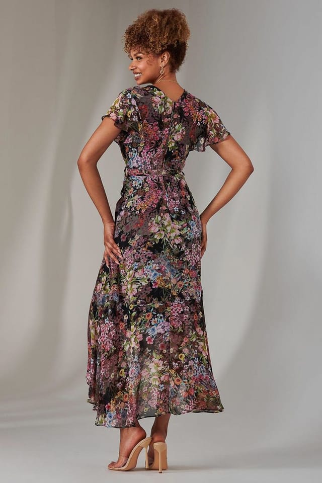 Jolie Moi Jolie Moi Women's Chiffon Print Frill Dip Hem Maxi Dress in Black - 2