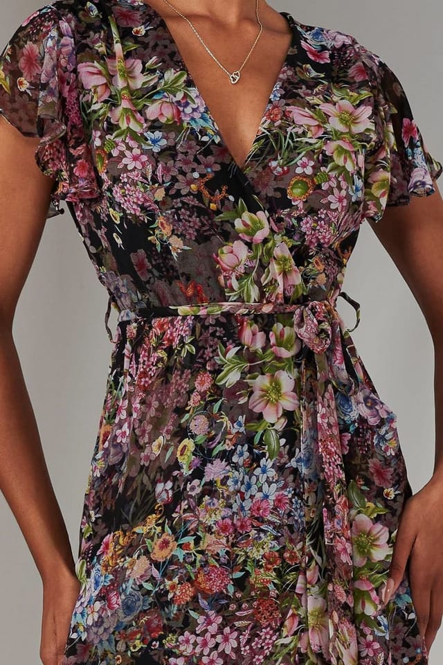 Jolie Moi Jolie Moi Women's Chiffon Print Frill Dip Hem Maxi Dress in Black - 3