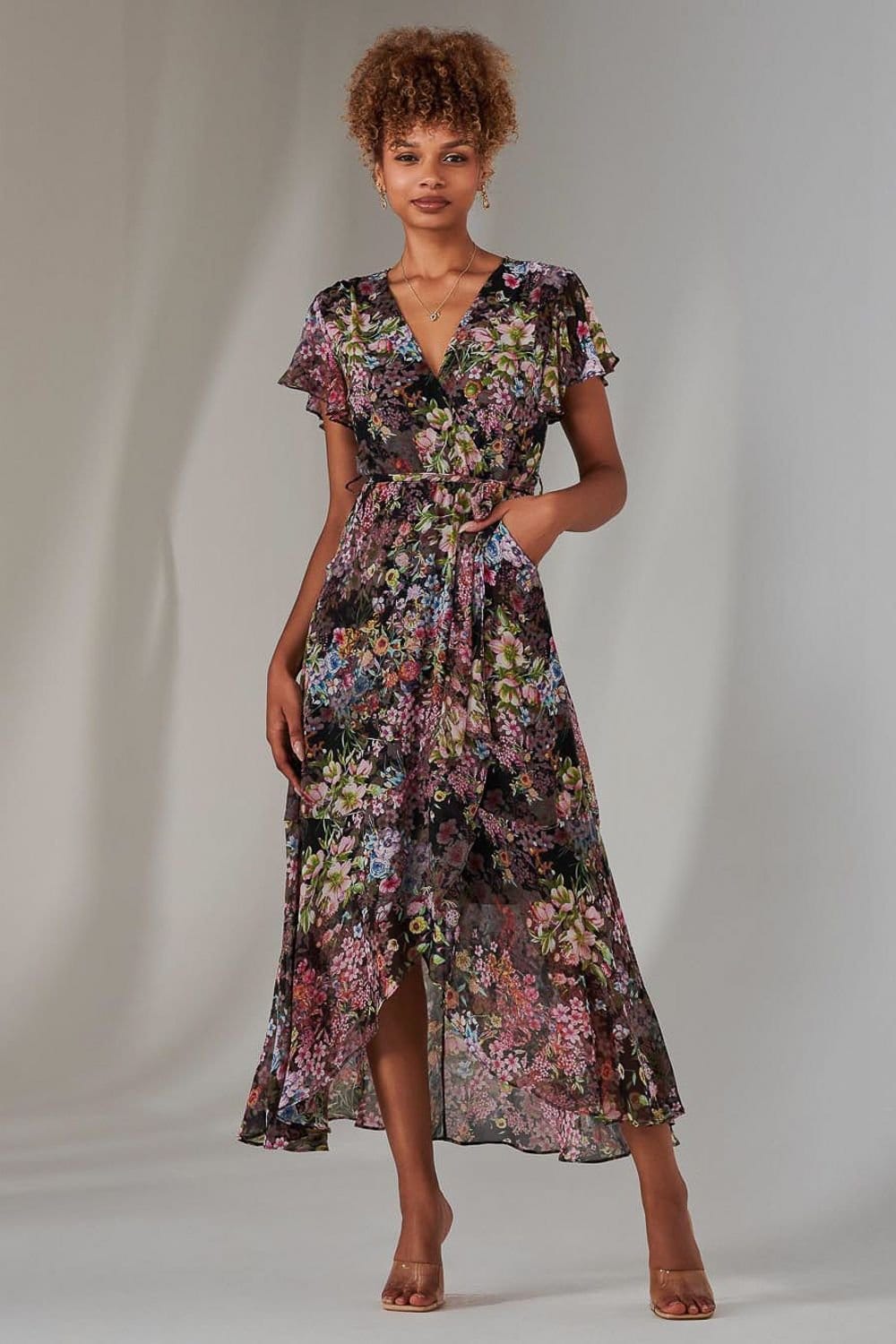 Jolie Moi Jolie Moi Women's Chiffon Print Frill Dip Hem Maxi Dress in Black - 4