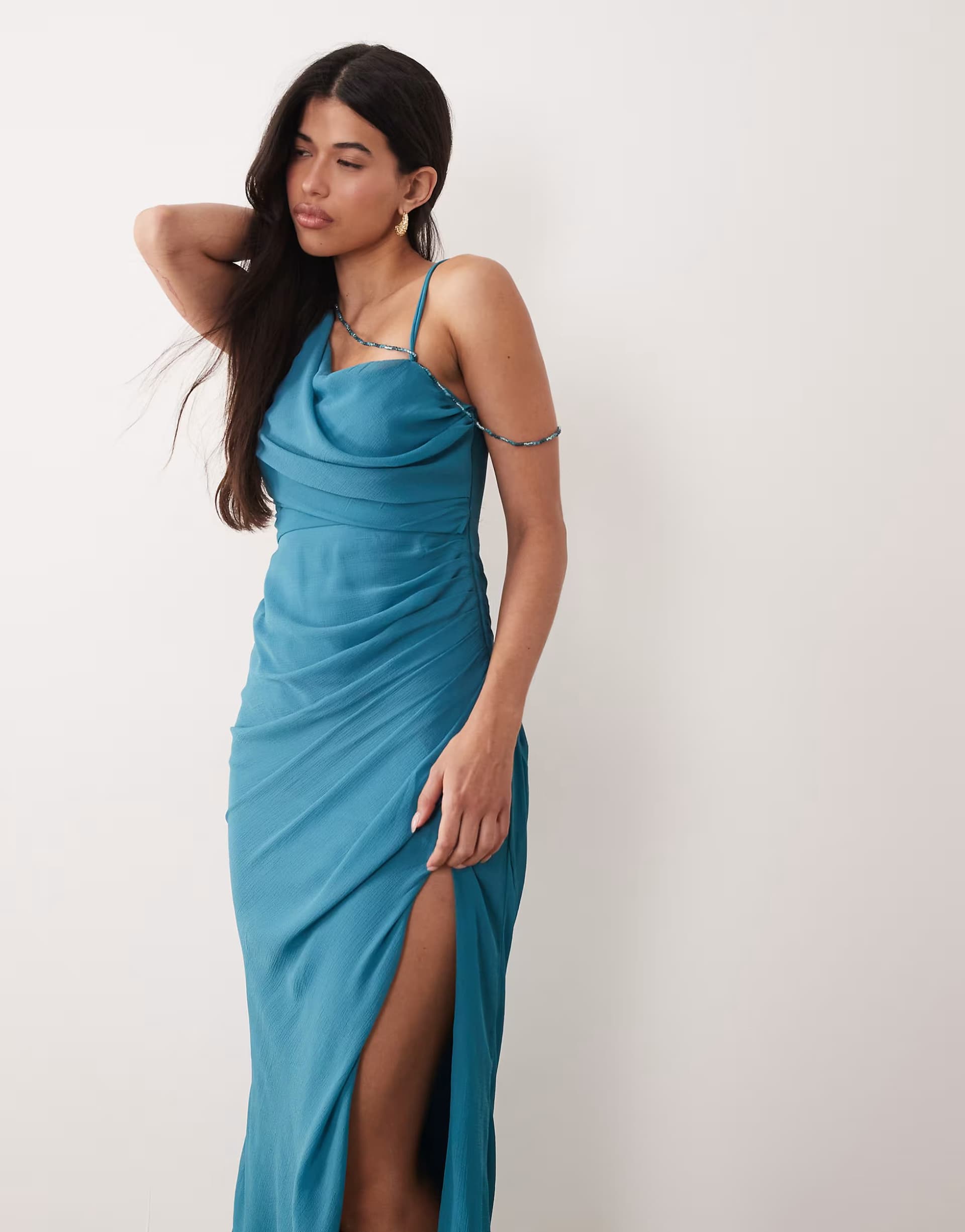 ASOS ASOS DESIGN draped bodice maxi dress with beaded strap detail and open back in teal