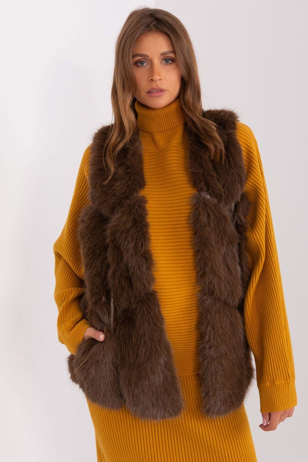 Love Lace Brown Faux Fur Vest with Slip Pockets