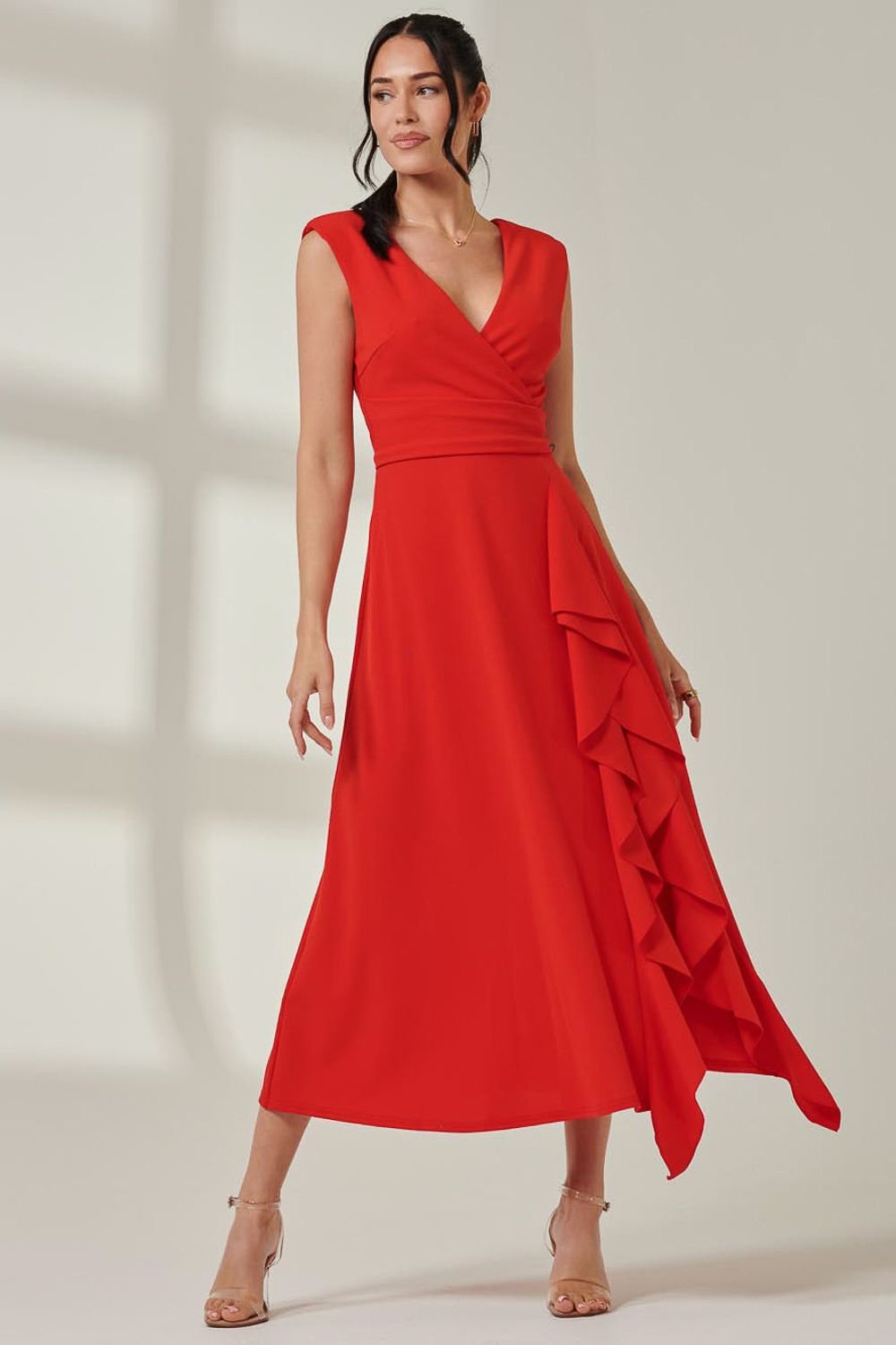 Jolie Moi Jolie Moi Women's Wrap Front Frill Detail Maxi Dress in Red - 2