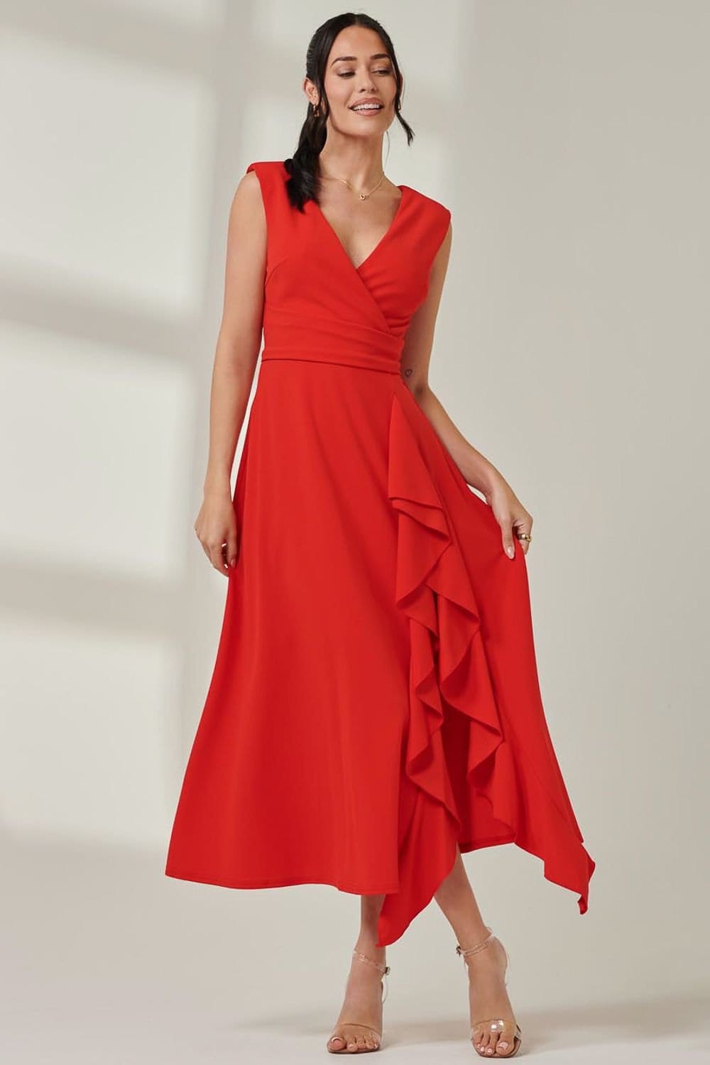 Jolie Moi Jolie Moi Women's Wrap Front Frill Detail Maxi Dress in Red - 4