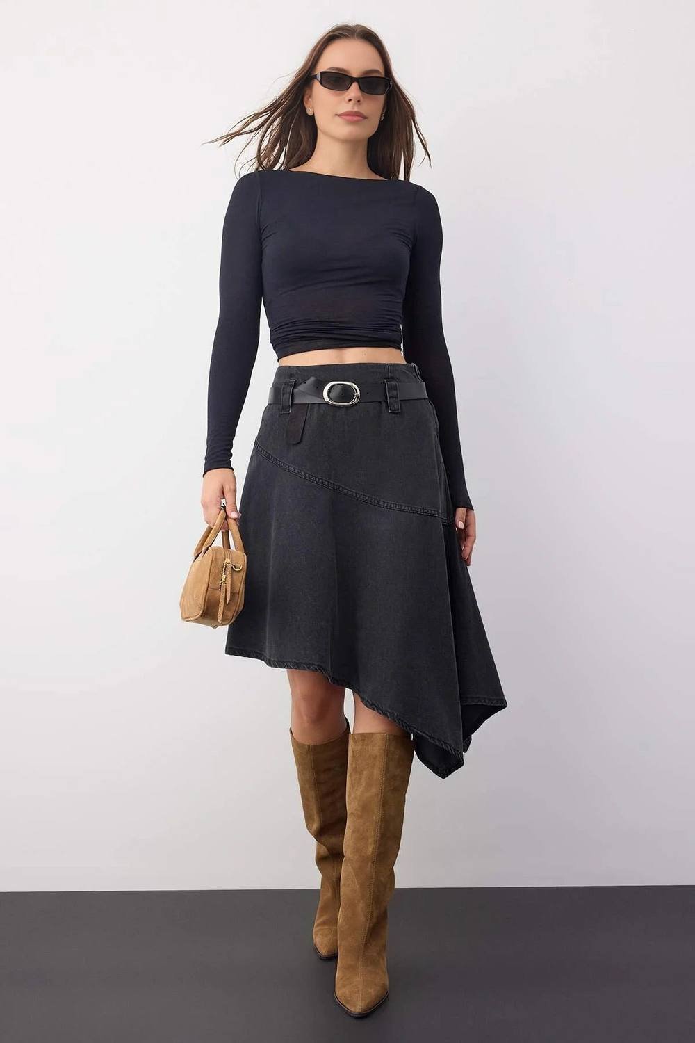WOVCOR WOVCOR Women's Belted Asymmetrical Midi Denim Skirt in Black - 4