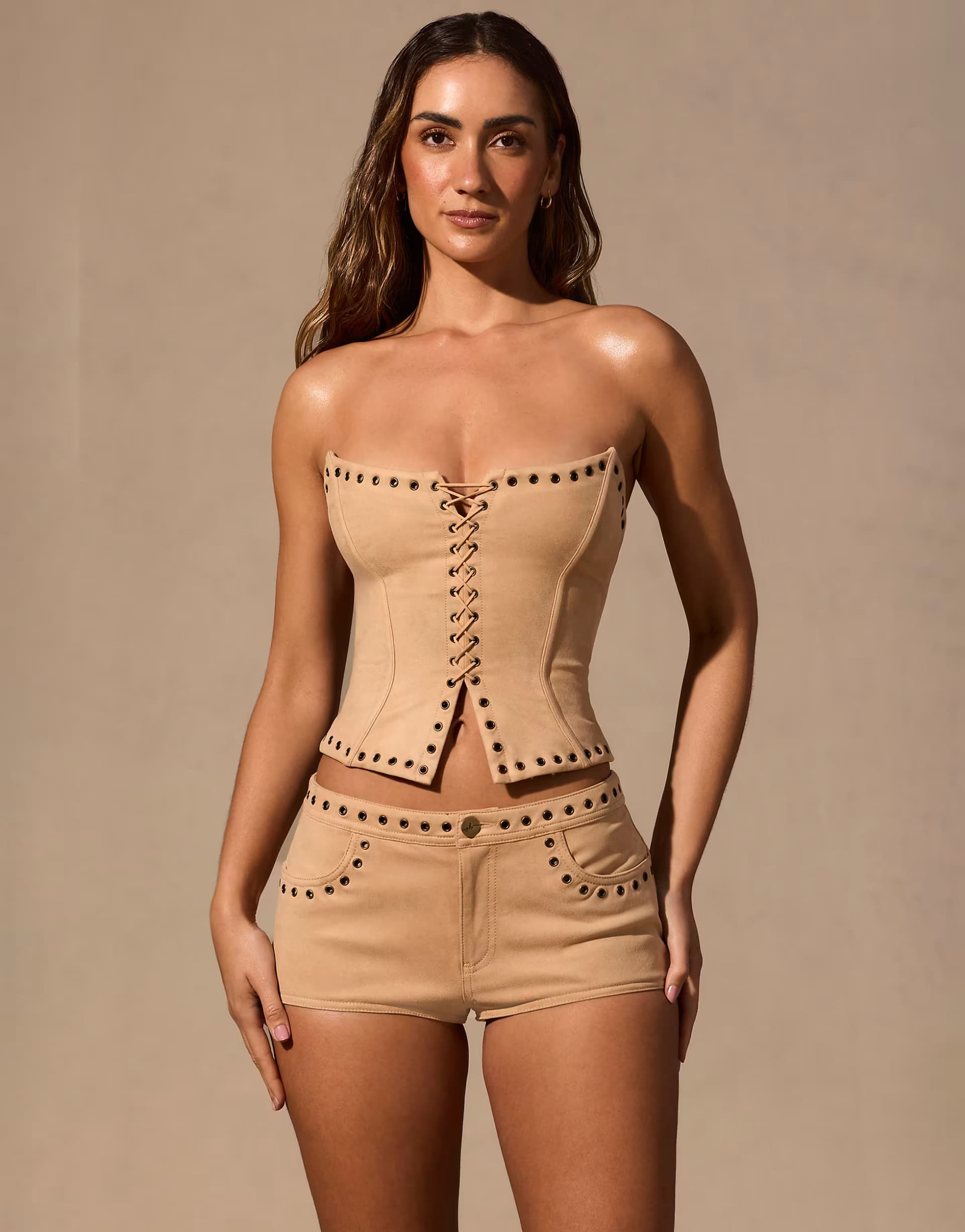 ASOS Oh Polly faux suede removable strap studded corset top co-ord in tan