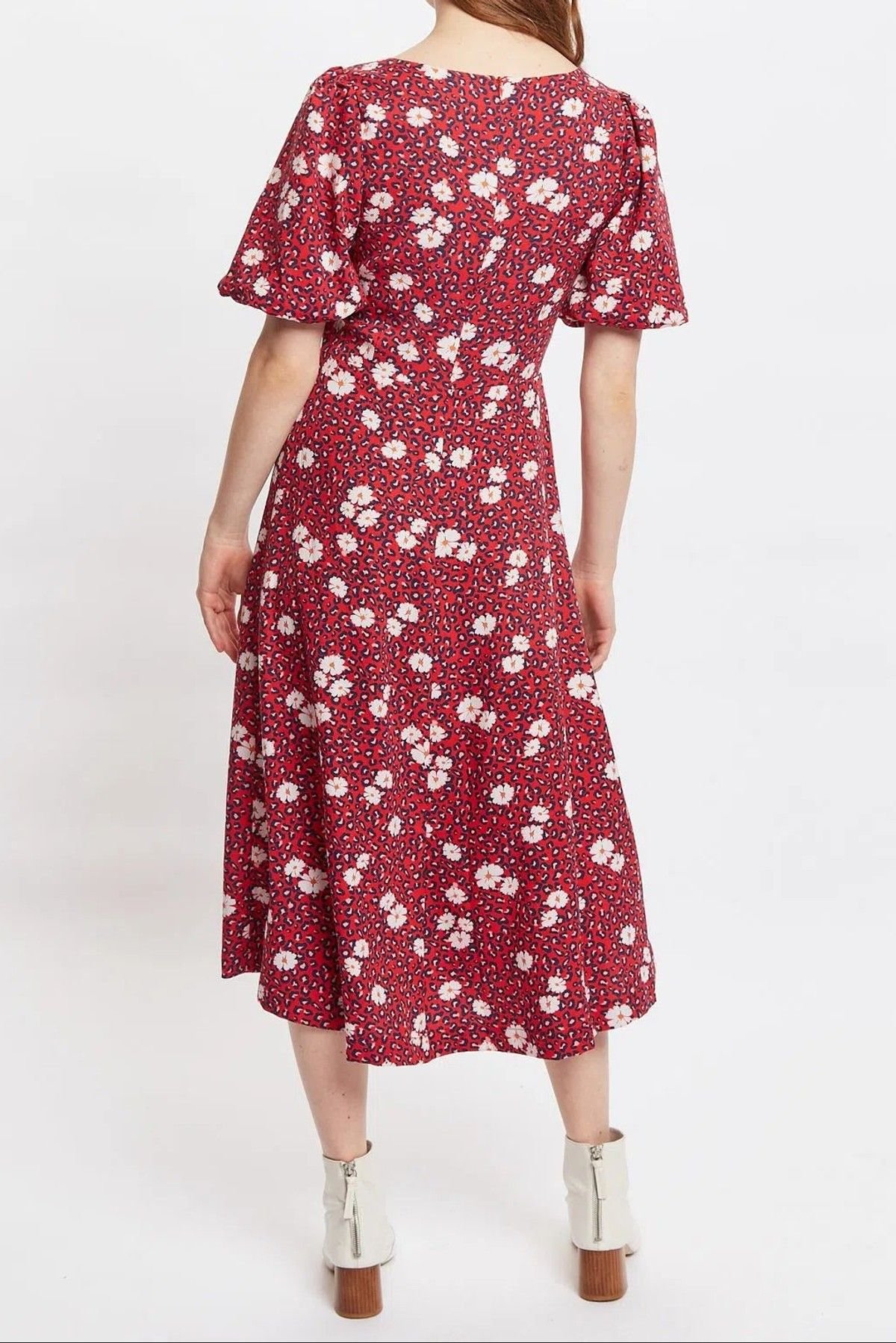 Louche Louche Women's Nadine Roaring Daisy Print Square Neck Balloon Sleeve Midi Dress Red - 2