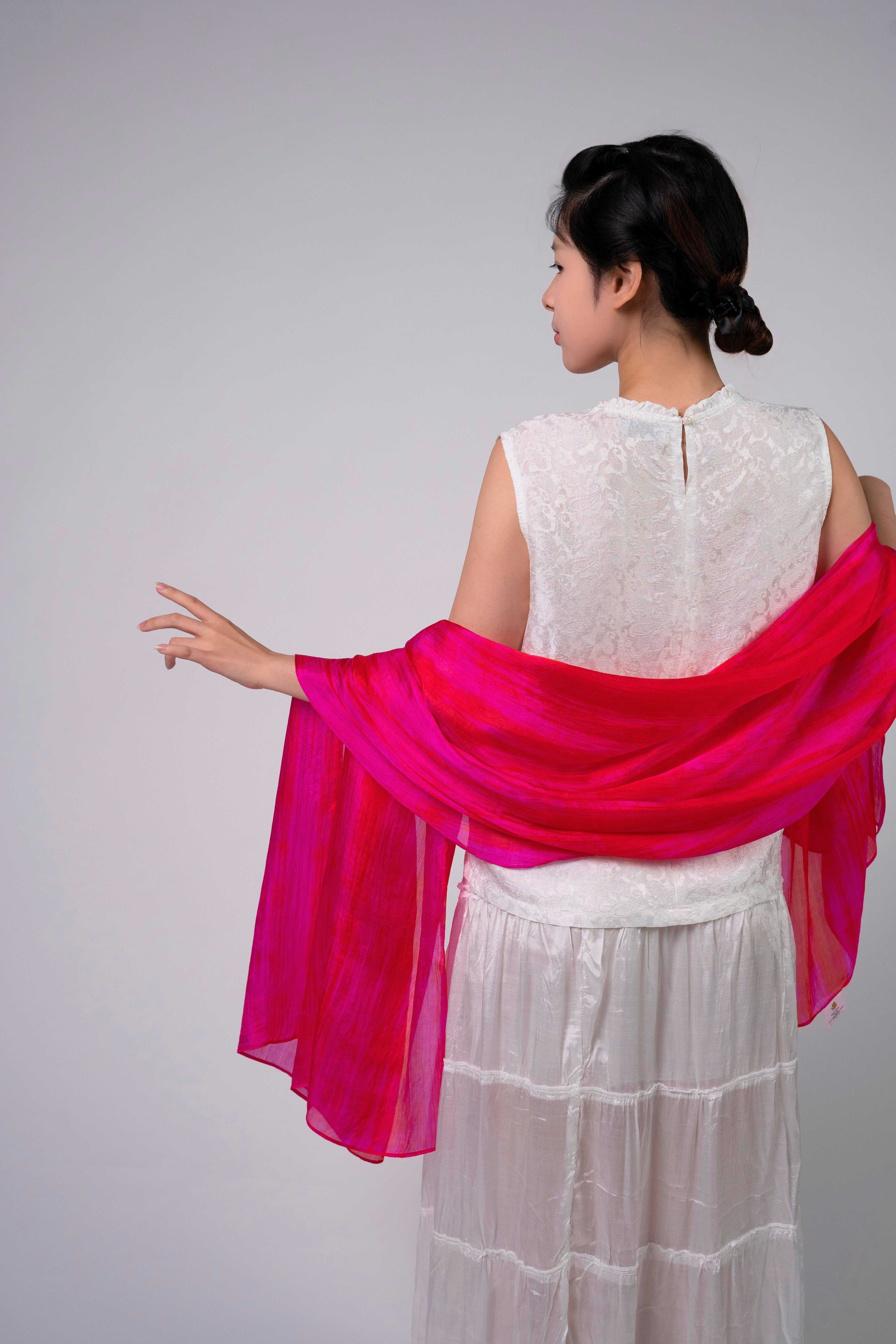 Silk and Bears Silk and Bears Women's Hand-Dyed Mulberry Silk Scarf - Radiant Red & Fuchsia in Dark Pink - 3