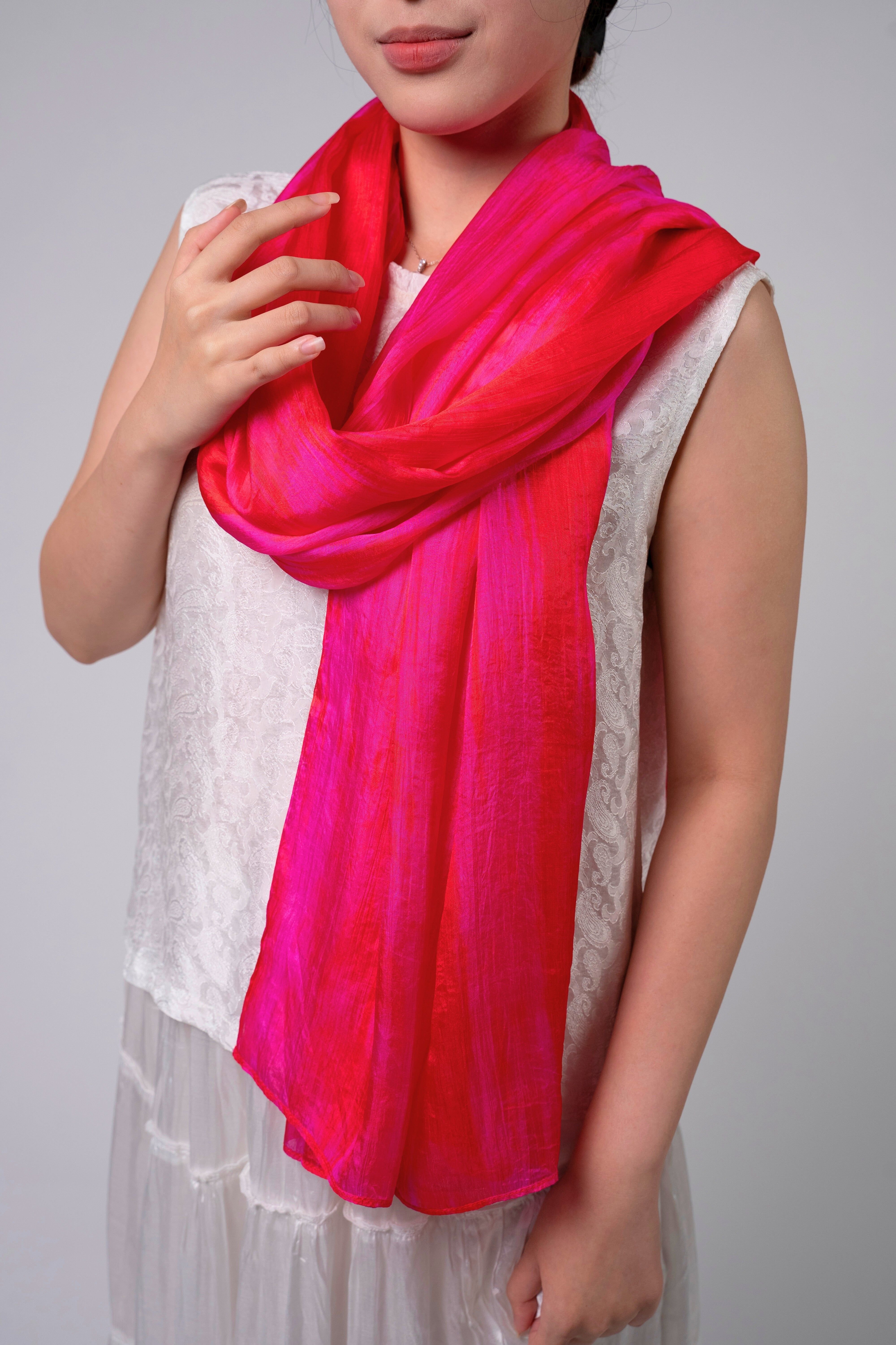 Silk and Bears Silk and Bears Women's Hand-Dyed Mulberry Silk Scarf - Radiant Red & Fuchsia in Dark Pink - 4