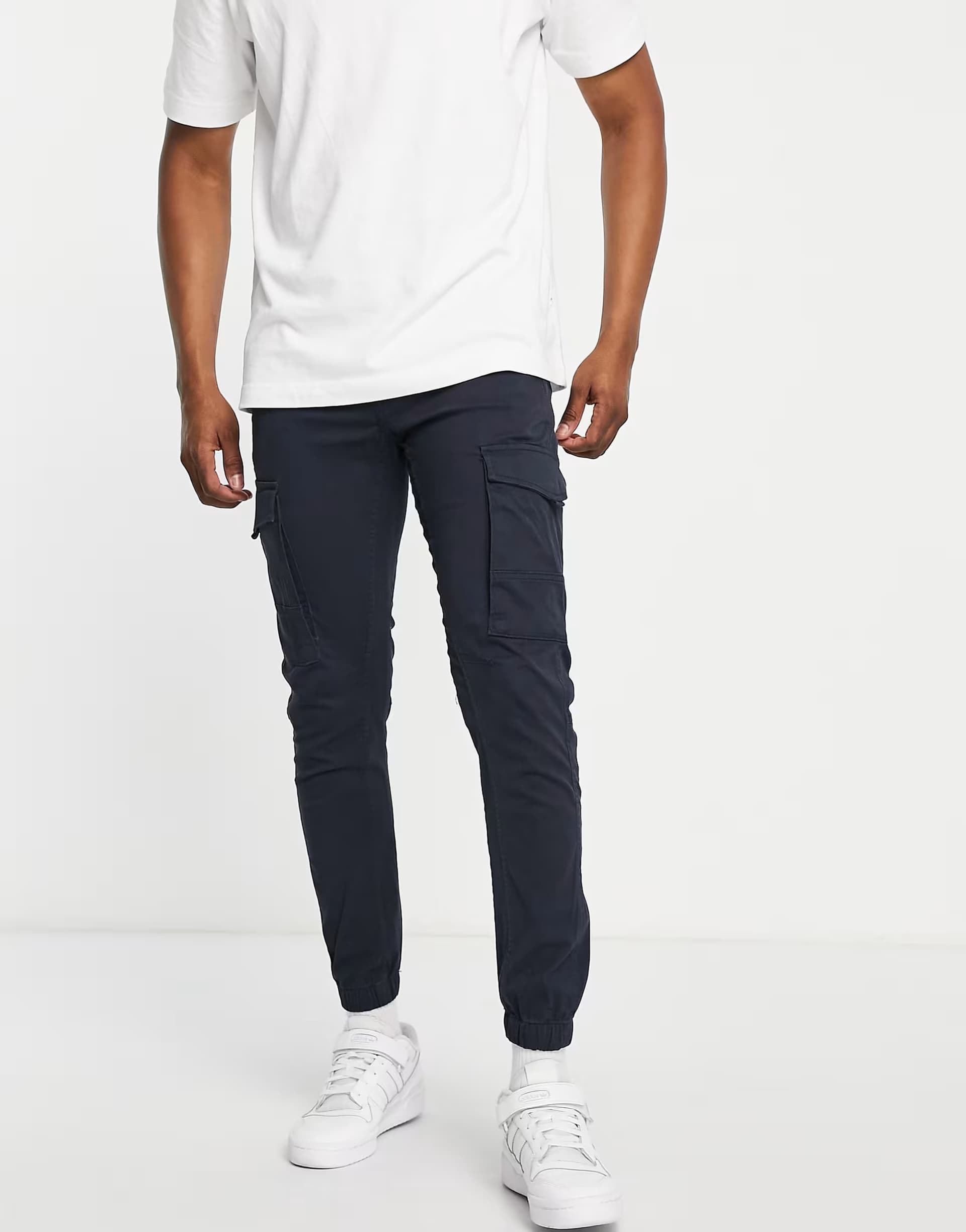 ASOS Jack & Jones Intelligence slim fit cargos with cuff in navy