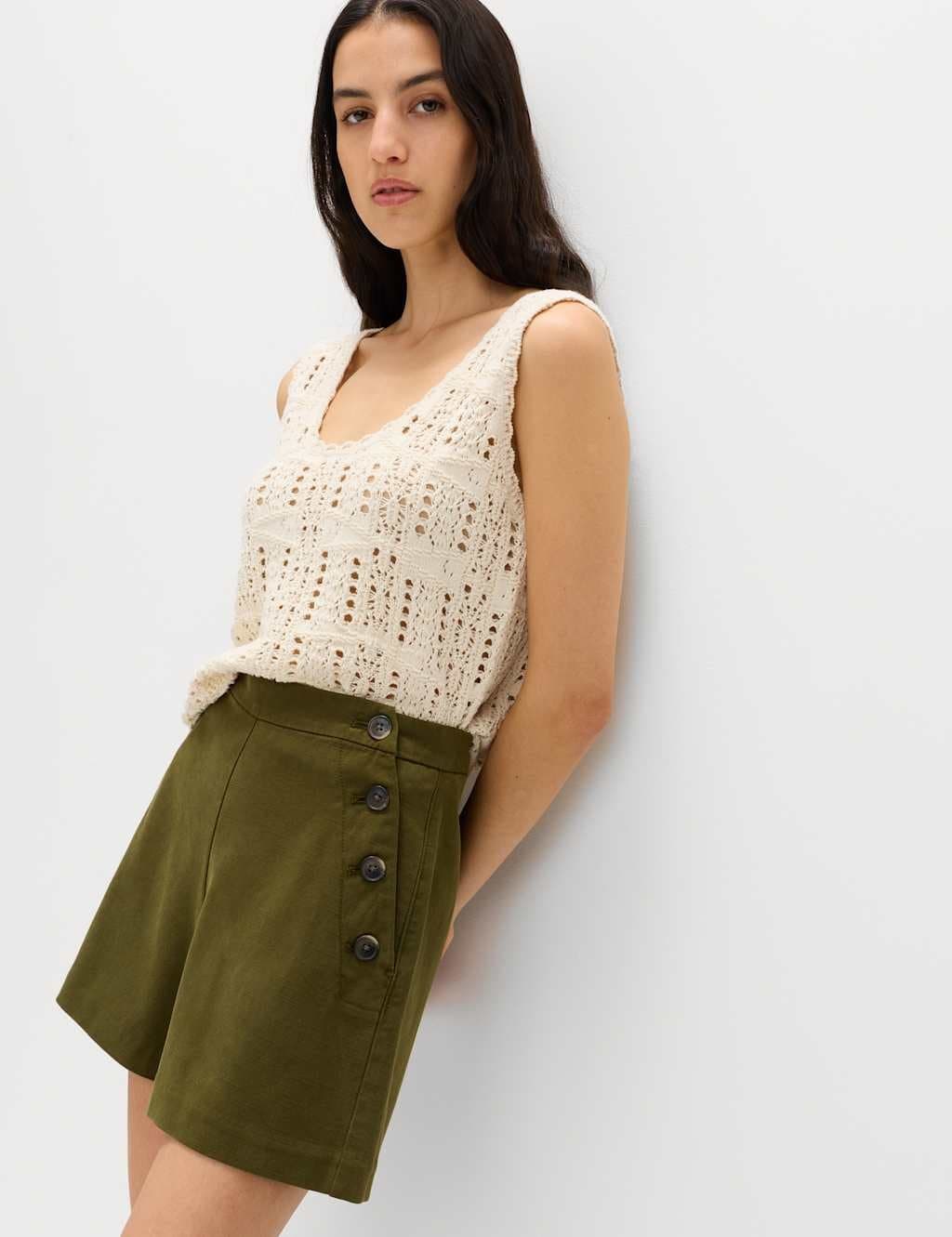 Marks & Spencer M&S Lyocell Rich Button Detail Shorts Dark Khaki