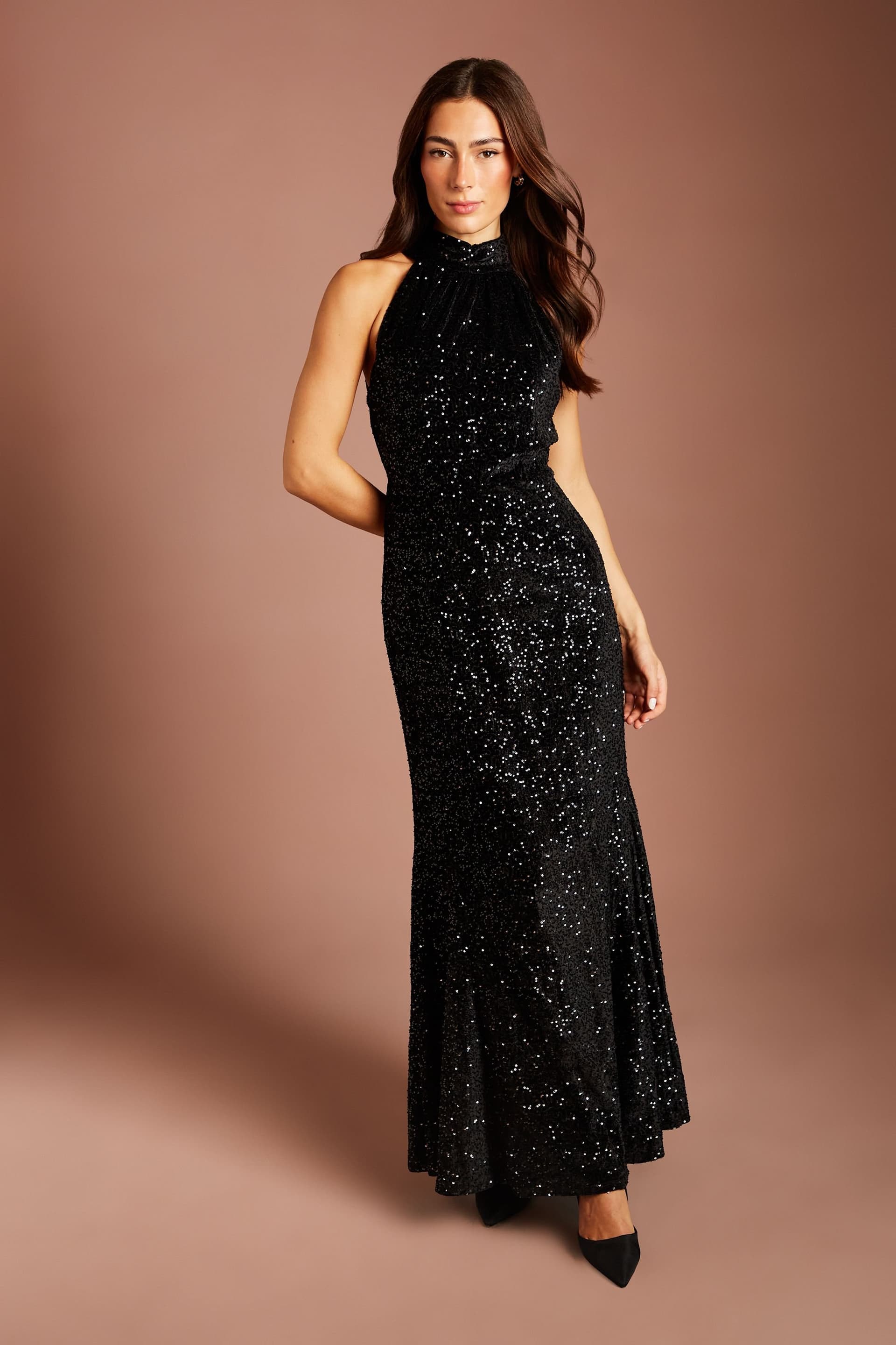 Coast Coast Women's High Neck Sleeveless Velvet Sequin Maxi Dress in Black