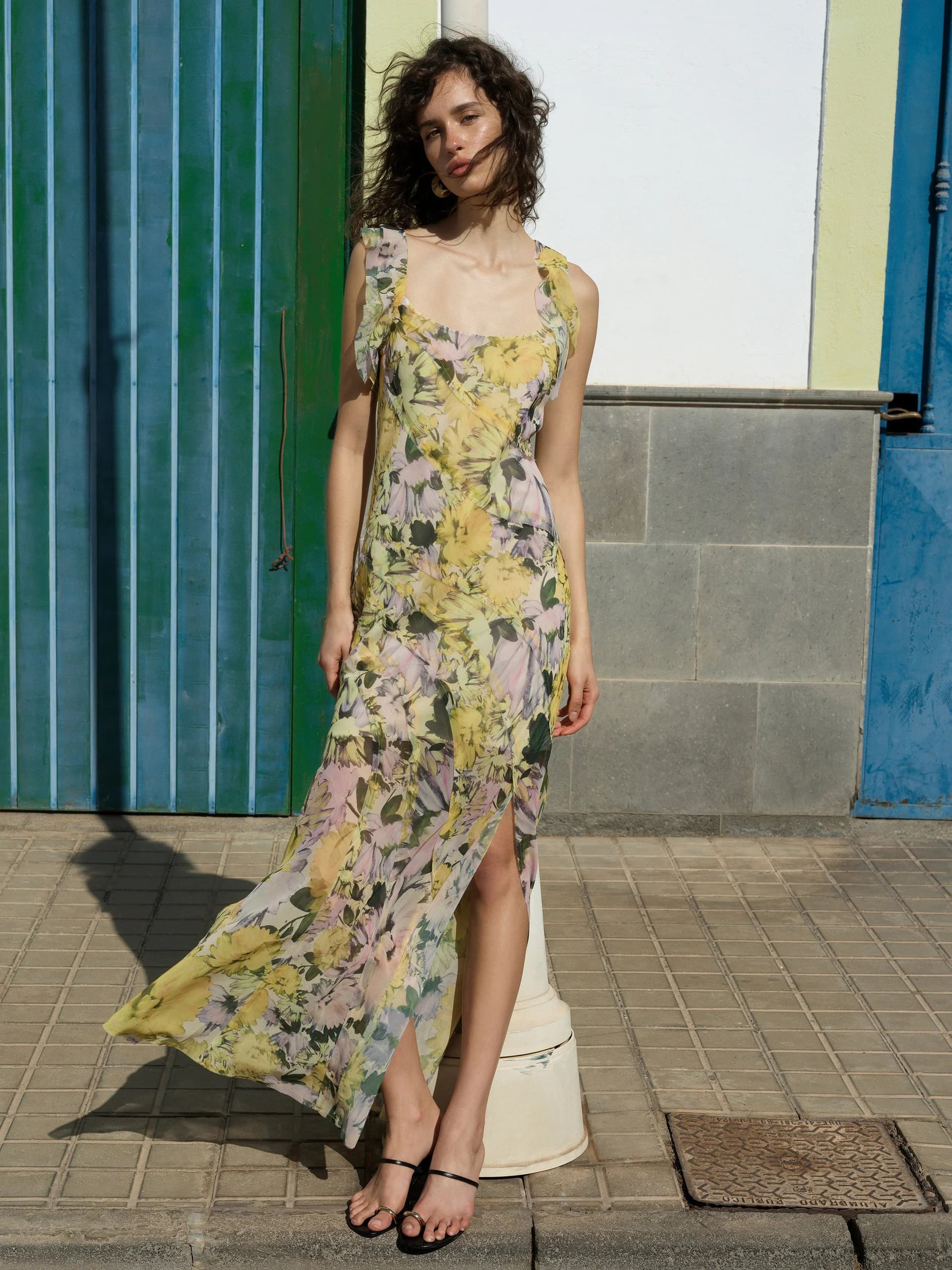 French Connection Carla Ari Chiffon Curved Seam Maxi Dress Yellow Multicoloured Floral Print