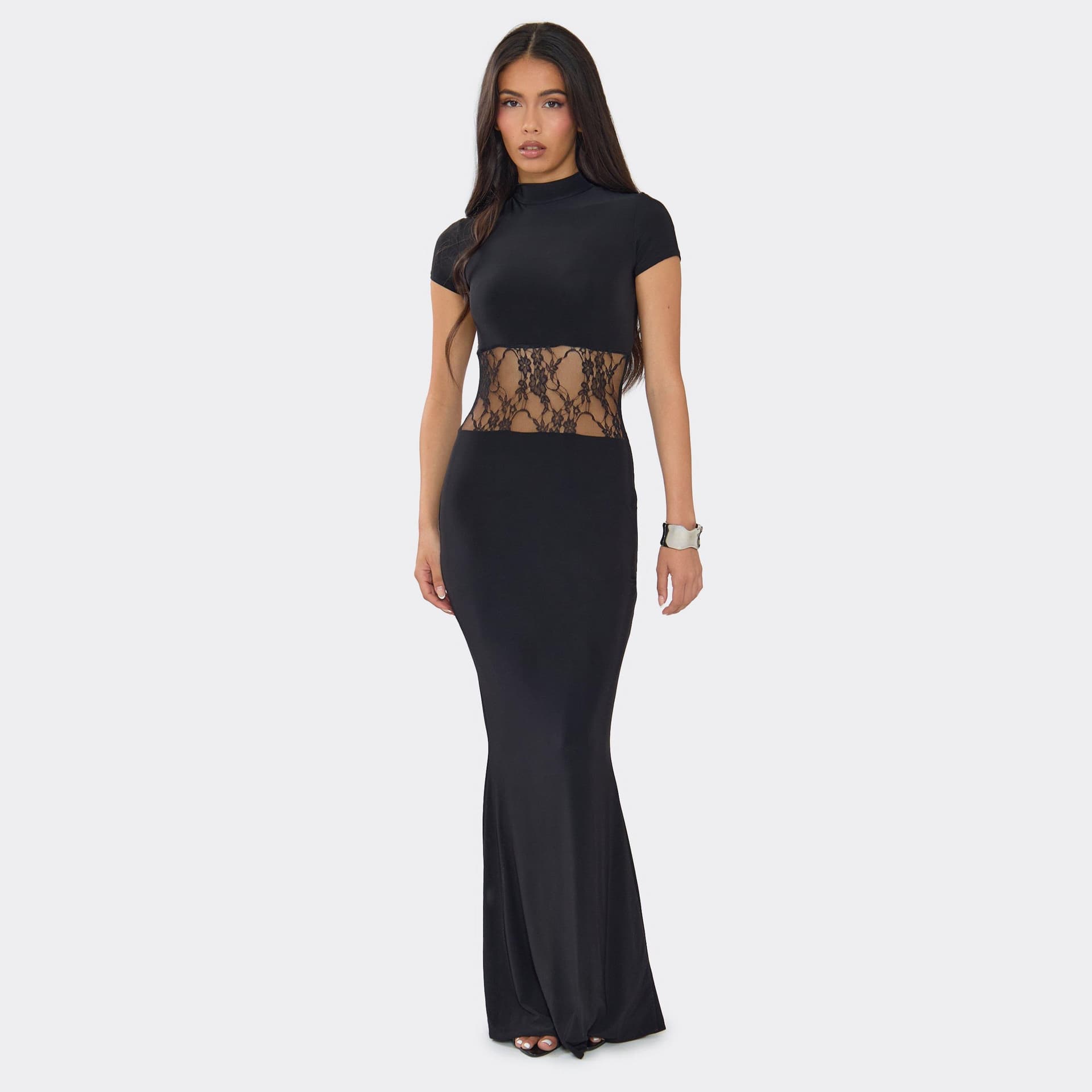 EGO High Neck Lace Panel Maxi Dress In Black, Women's Size UK 6