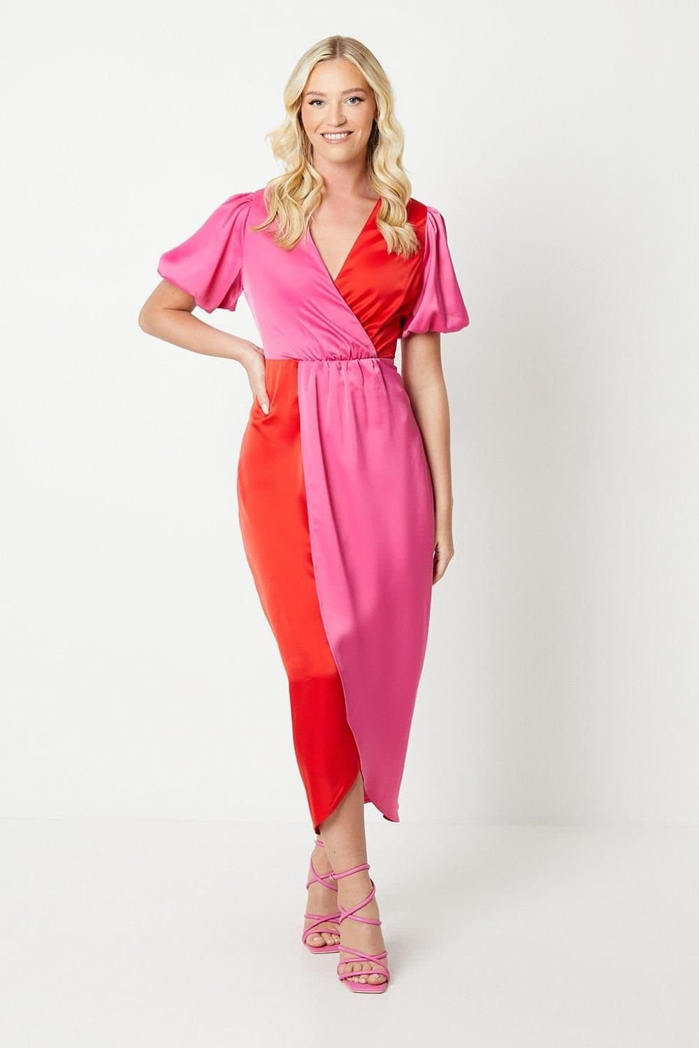 Debut London Debut London Women's by Coast Satin Colour Block Puff Sleeve Dress in Pink