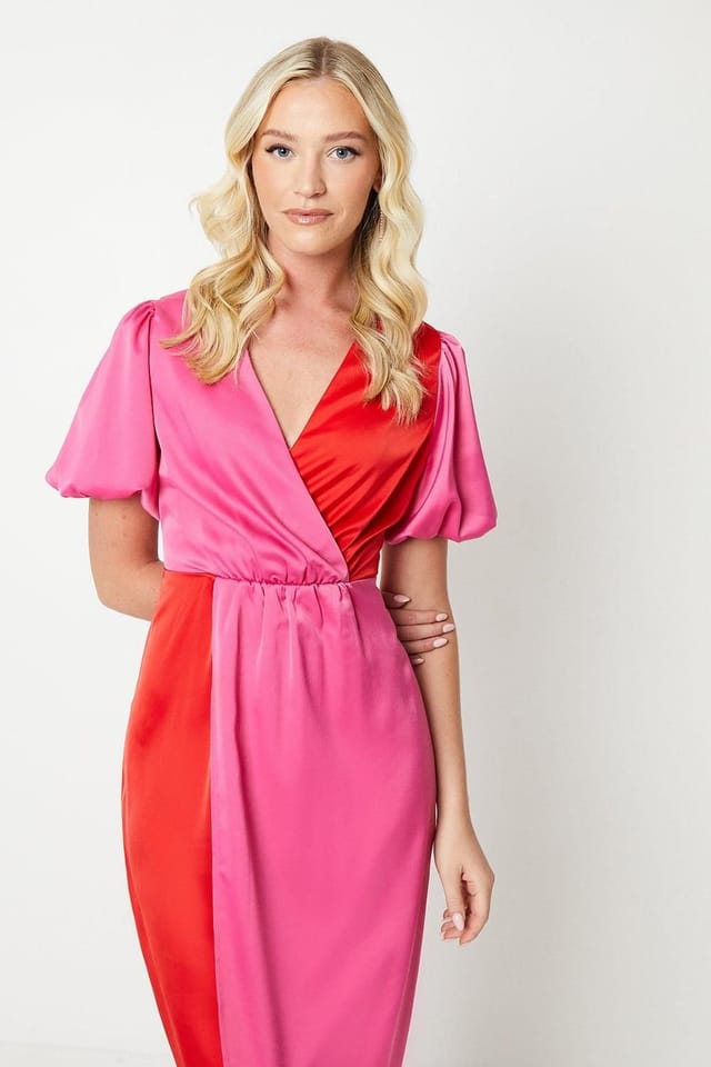 Debut London Debut London Women's by Coast Satin Colour Block Puff Sleeve Dress in Pink - 2