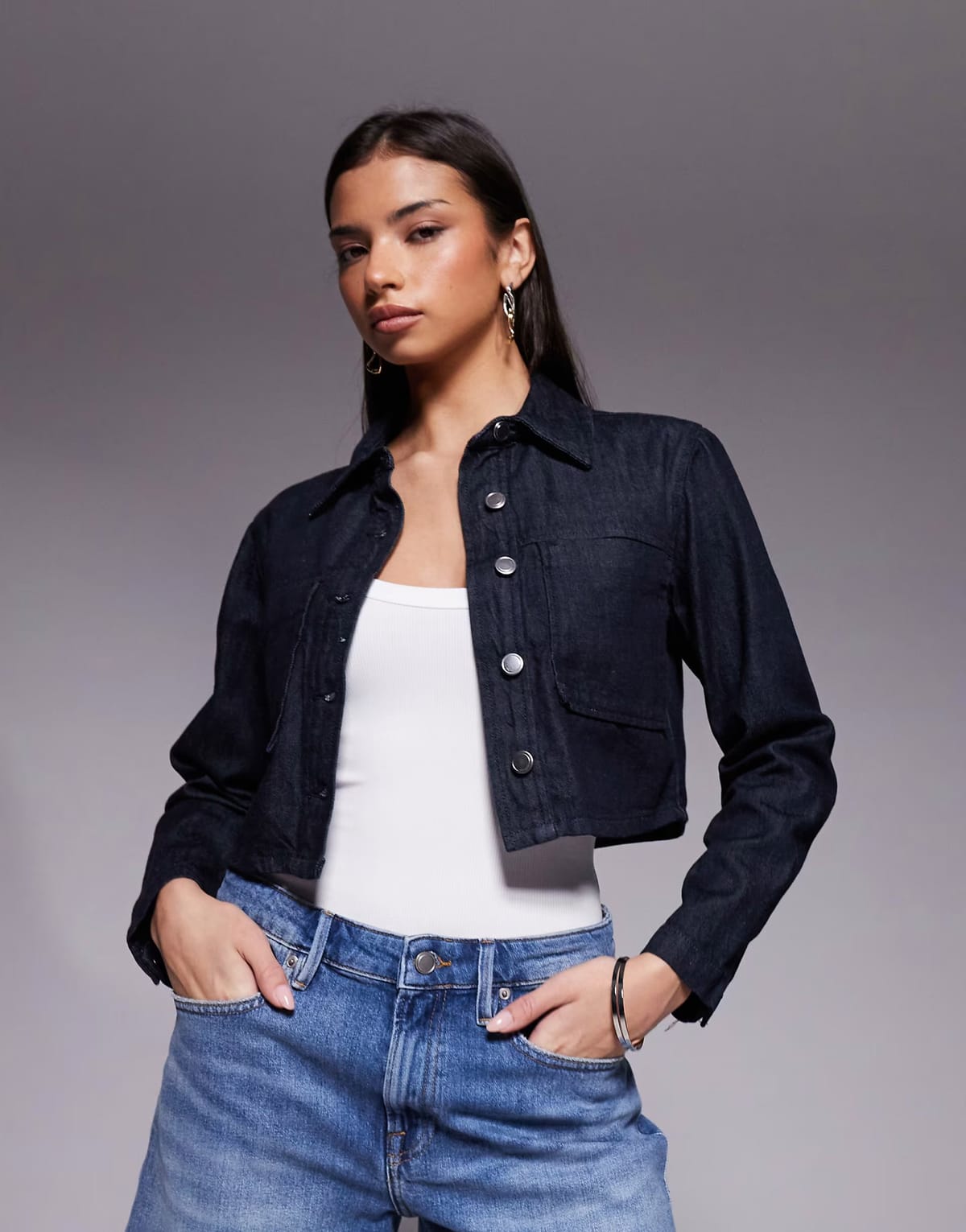 ASOS Good American denim cropped jacket co-ord in dark blue wash - 1