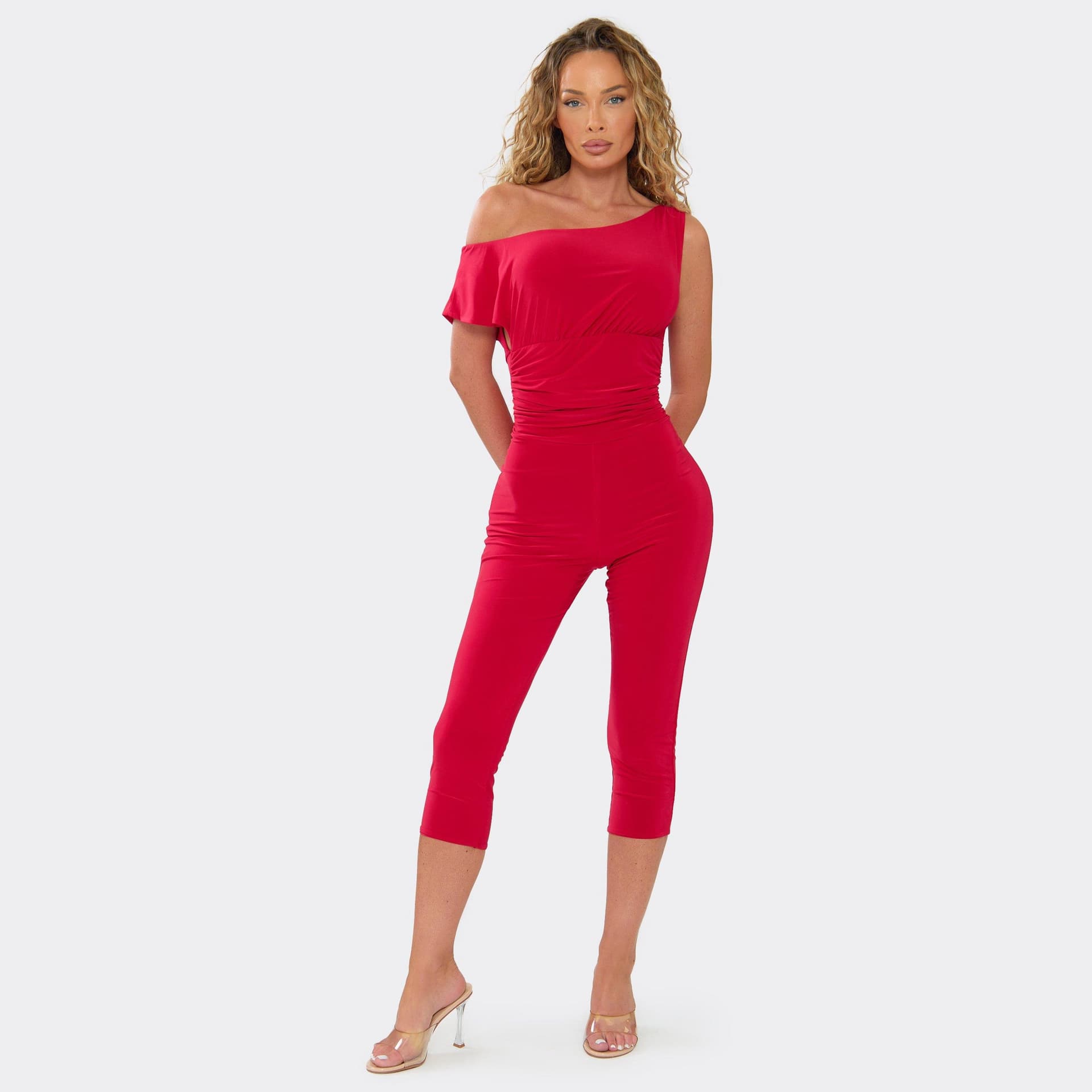 EGO Off The Shoulder Ruched Waist Capri Jumpsuit In Red., Women's Size UK 6