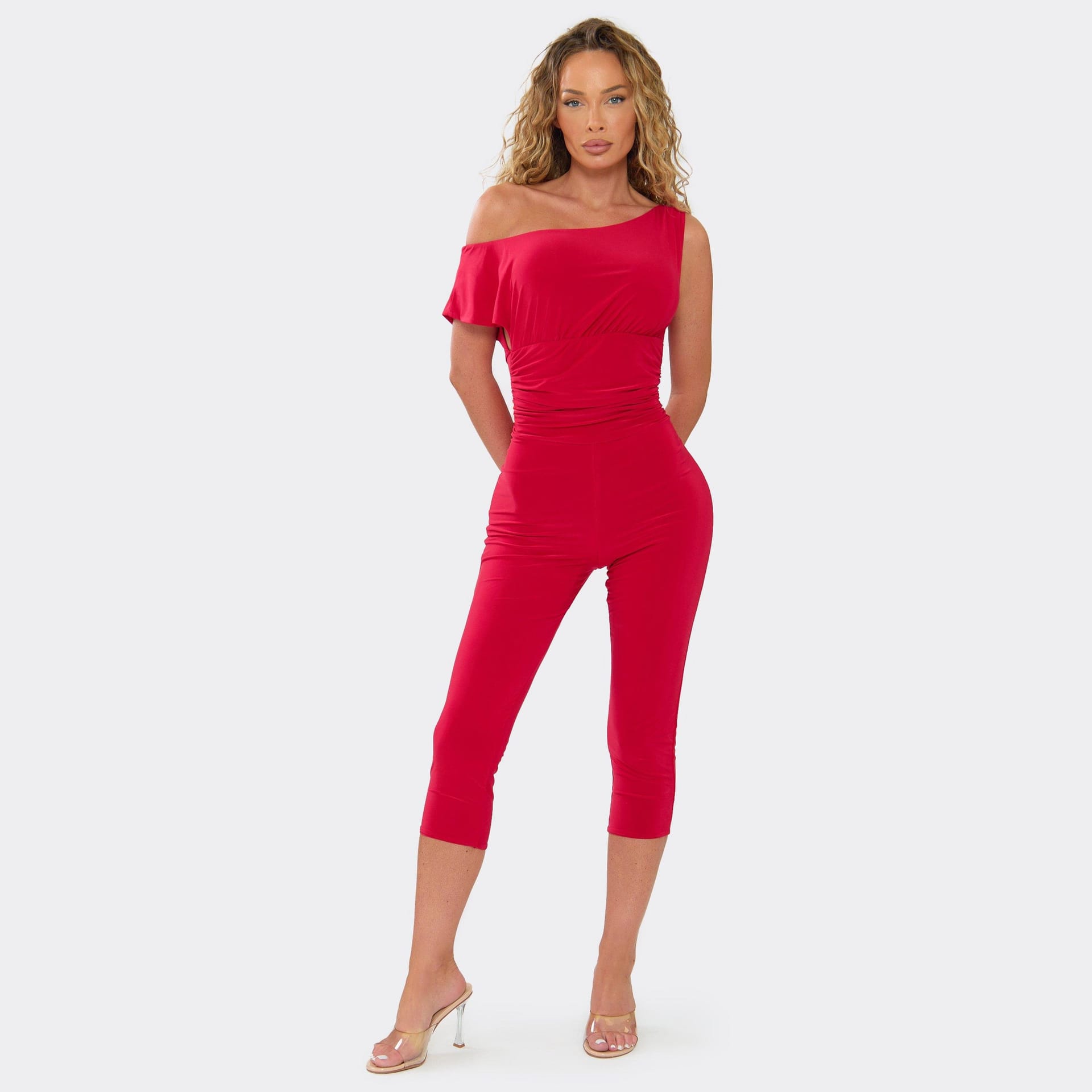 EGO Red Ruched Waist Capri Jumpsuit