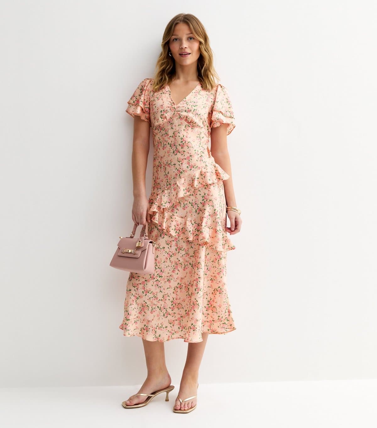 New Look Women's Pink Rose Print Tiered Ruffle Midi Dress New Look