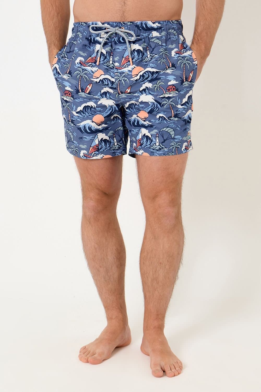 Saltwell Saltwell Men's Tropical Print Polyester Swim Shorts in Blue